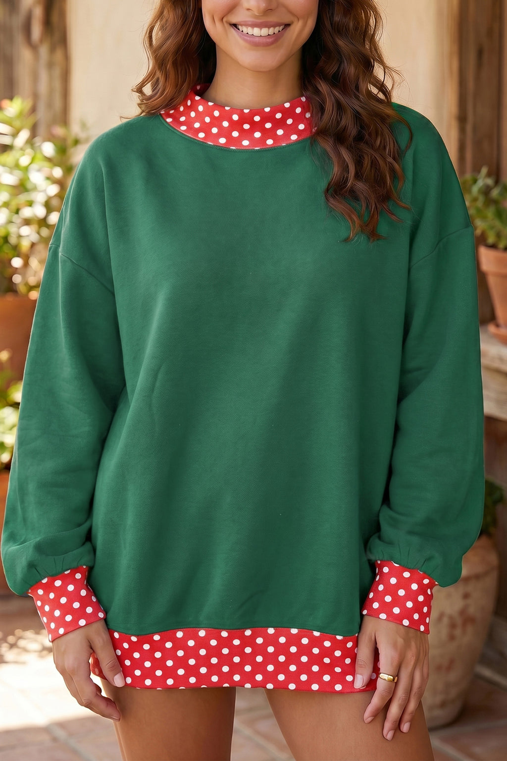 Red Colorblock Polka Dot Contrast Trim Oversized Sweatshirt