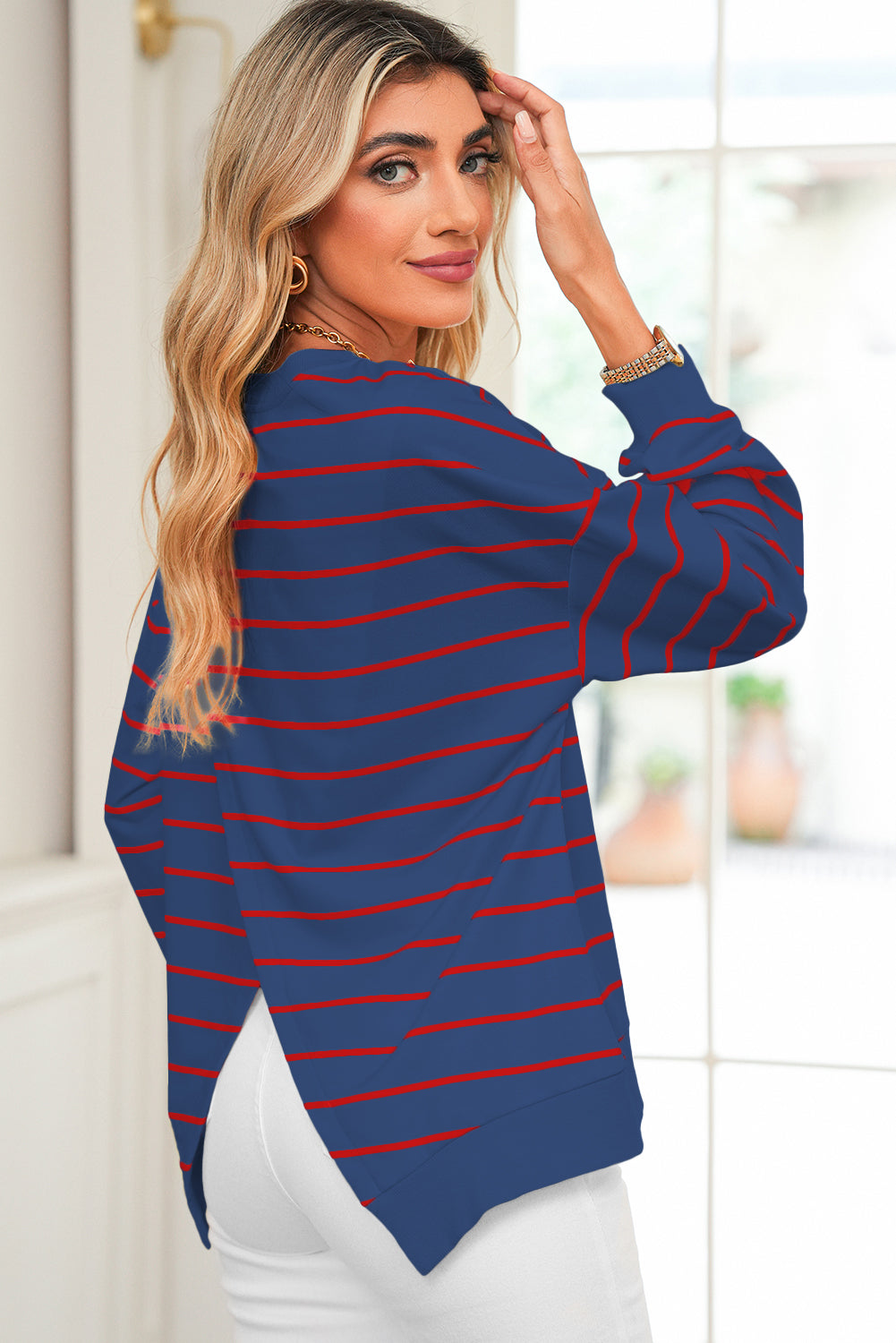 Yellow Striped Overlap Detail Drop Shoulder Pullover Sweatshirt