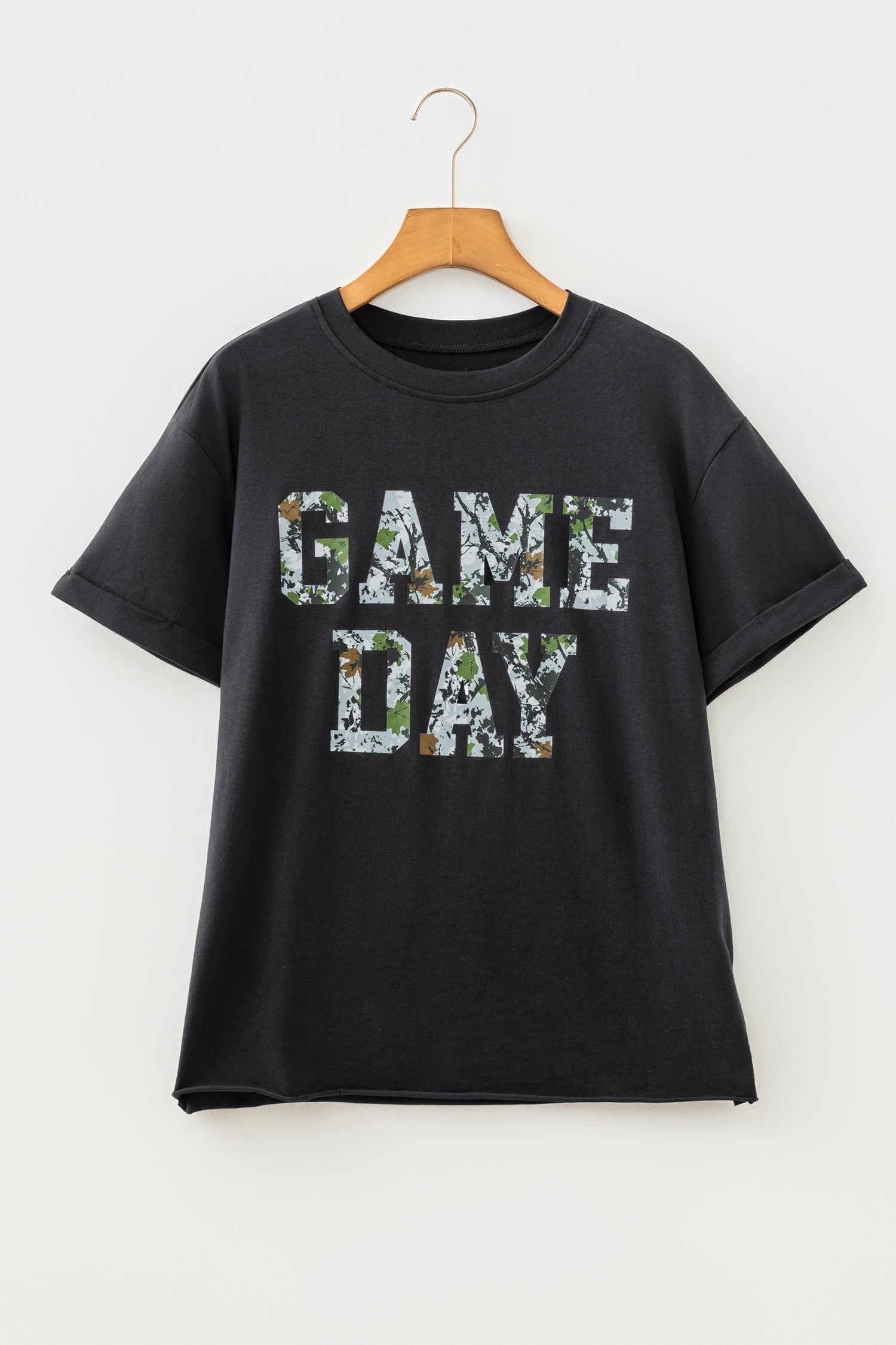 Black Game Day Camo Letter Print Round Neck Casual T Shirt
