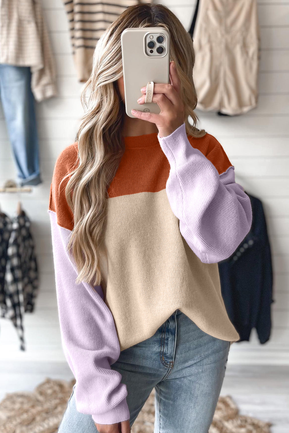 Green Colorblock Ribbed Knit Baggy Sweater