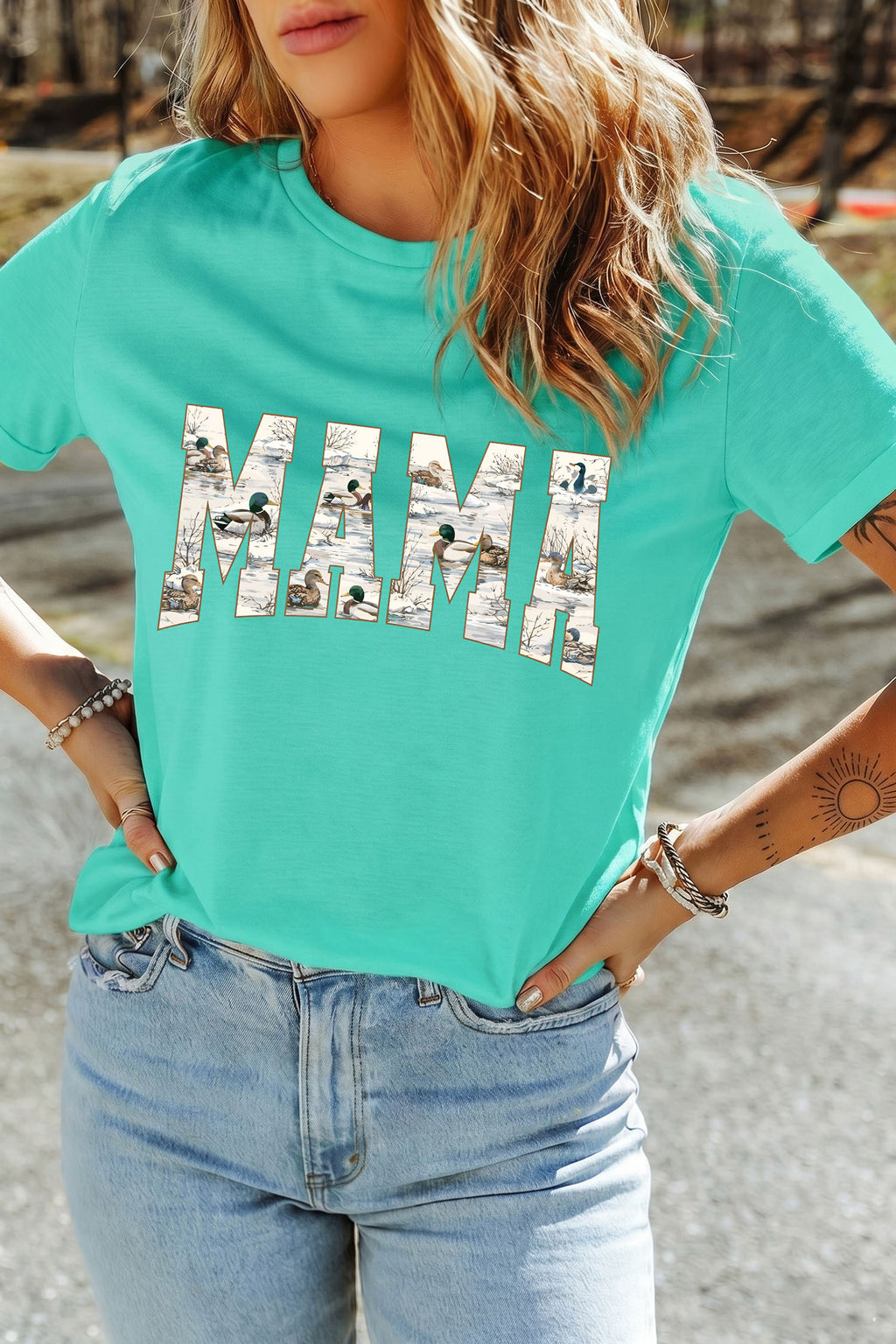 Mint Green Mallard Duck Print MAMA Lettering Graphic T Shirt