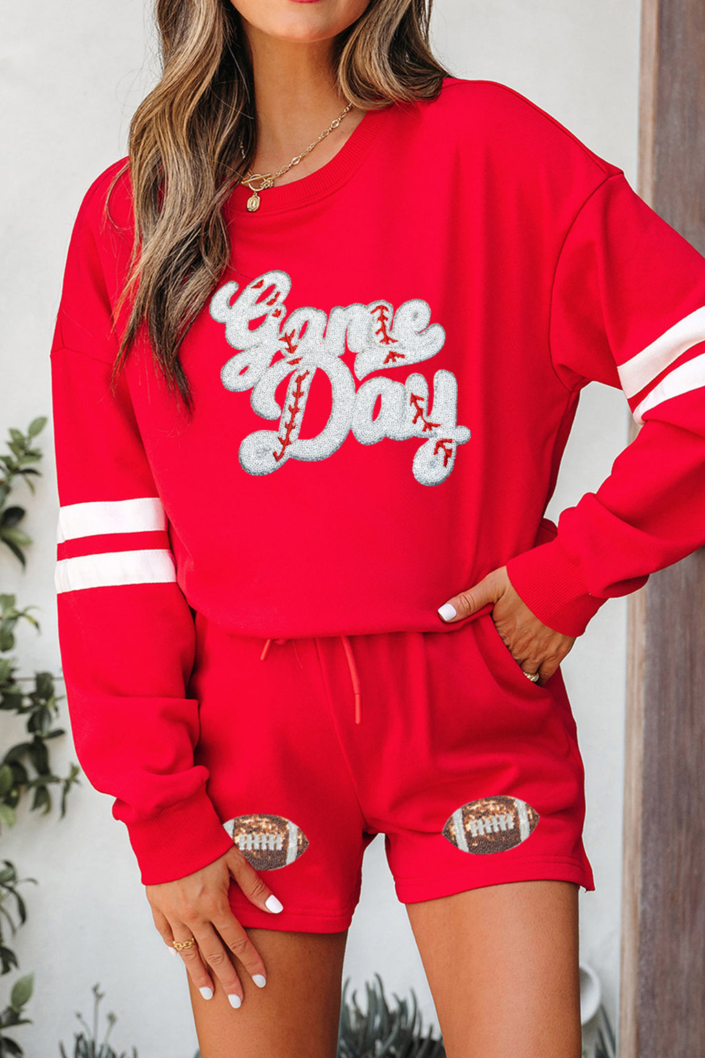 Fiery Red Glitter Game Day Slogan Football Patch Varsity Graphic Two Piece Set