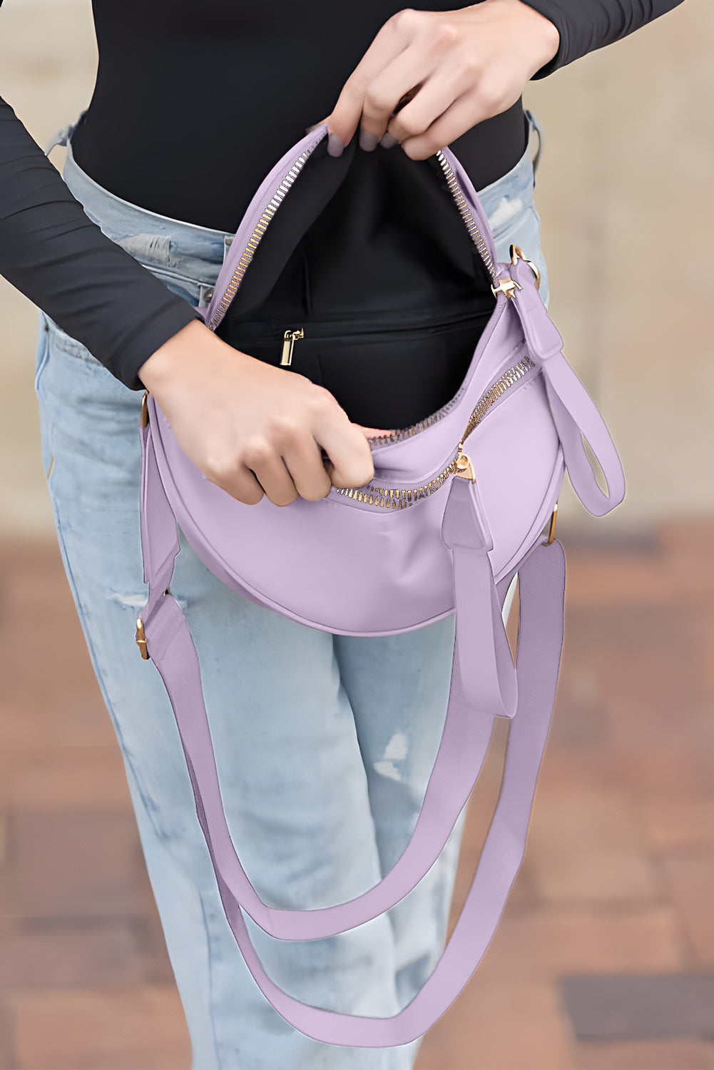 Parchment Wide Strap Zipper Crossbody Bag