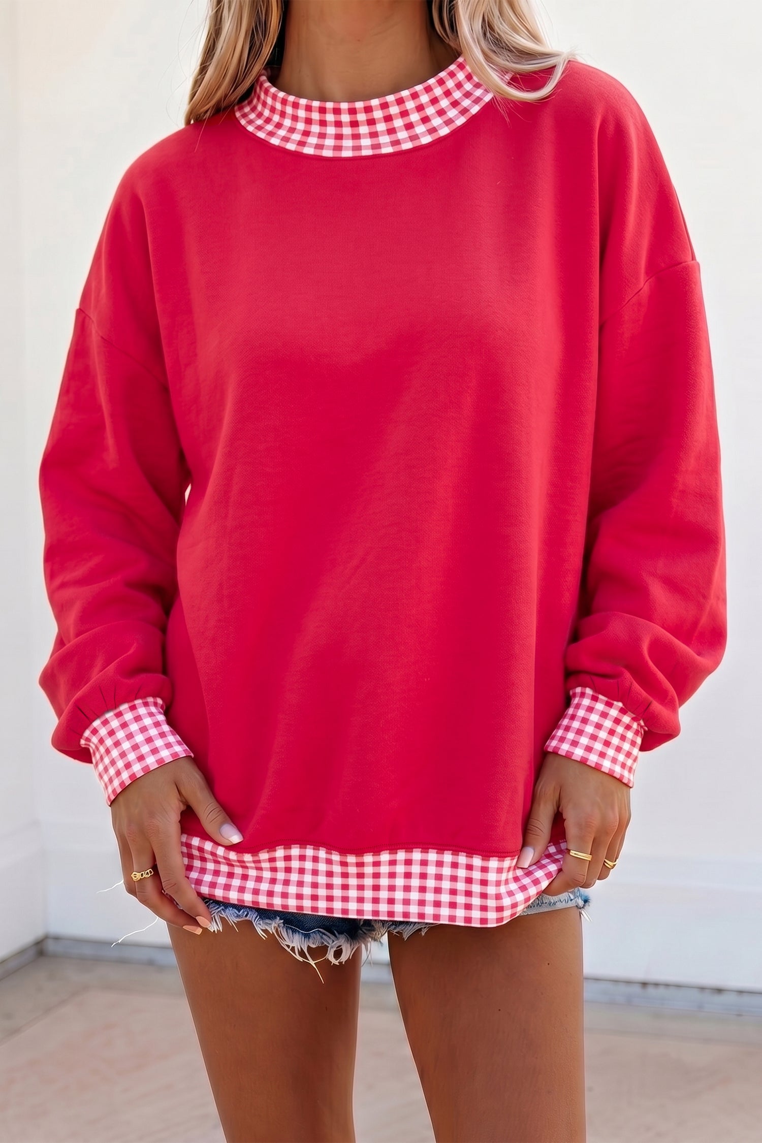 Red Colorblock Polka Dot Contrast Trim Oversized Sweatshirt