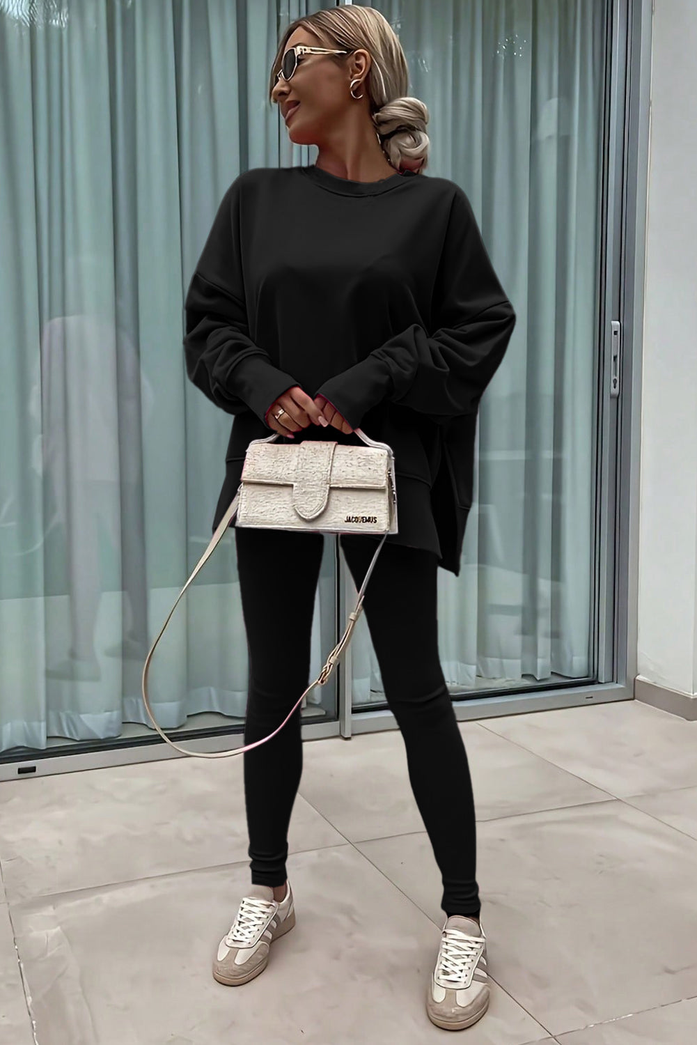 Orchid Mist Solid Color Oversized Slit Sweatshirt Ribbed Leggings Set