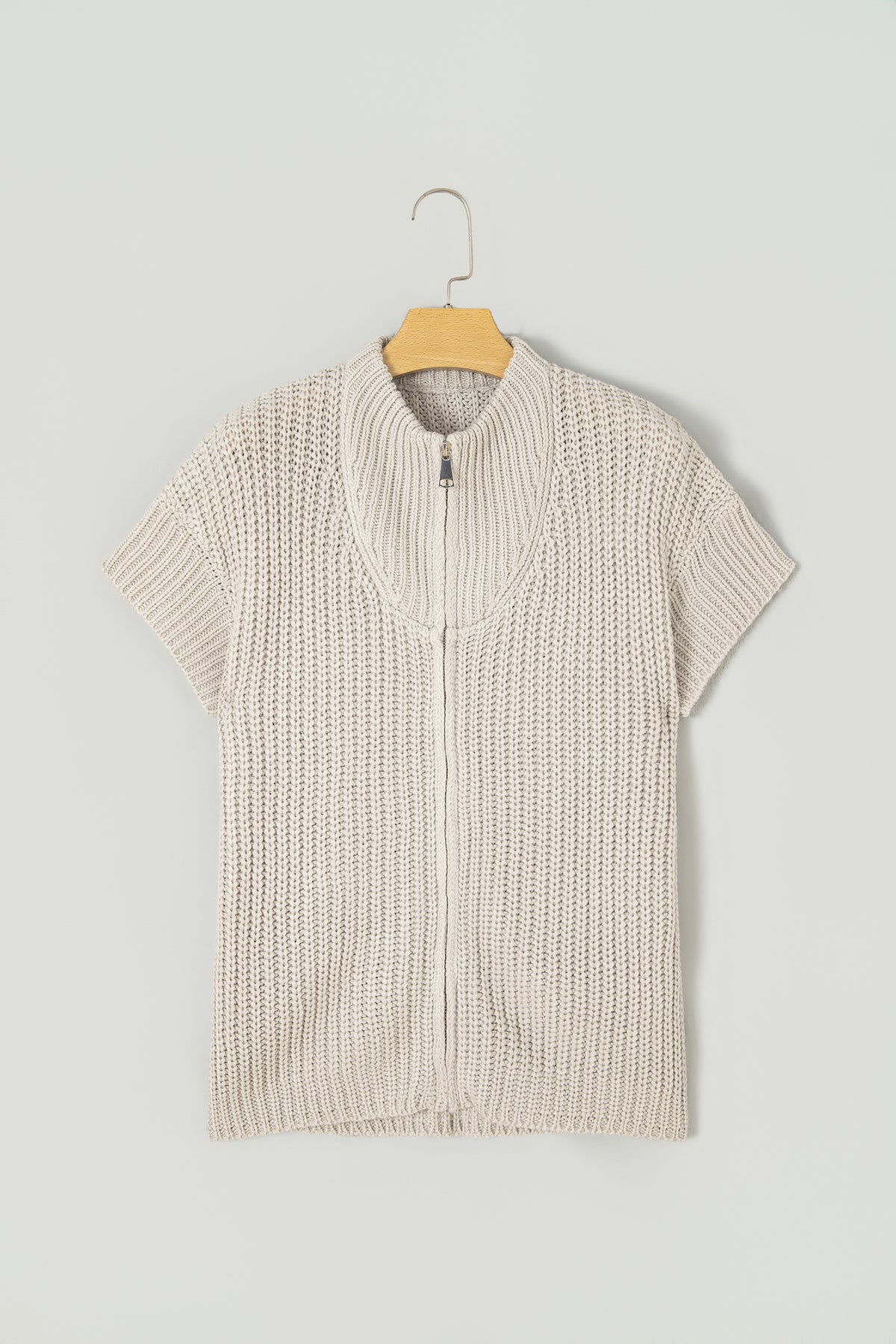 Jet Stream Solid Color Short Sleeve Zipper Knit High Neck Sweater