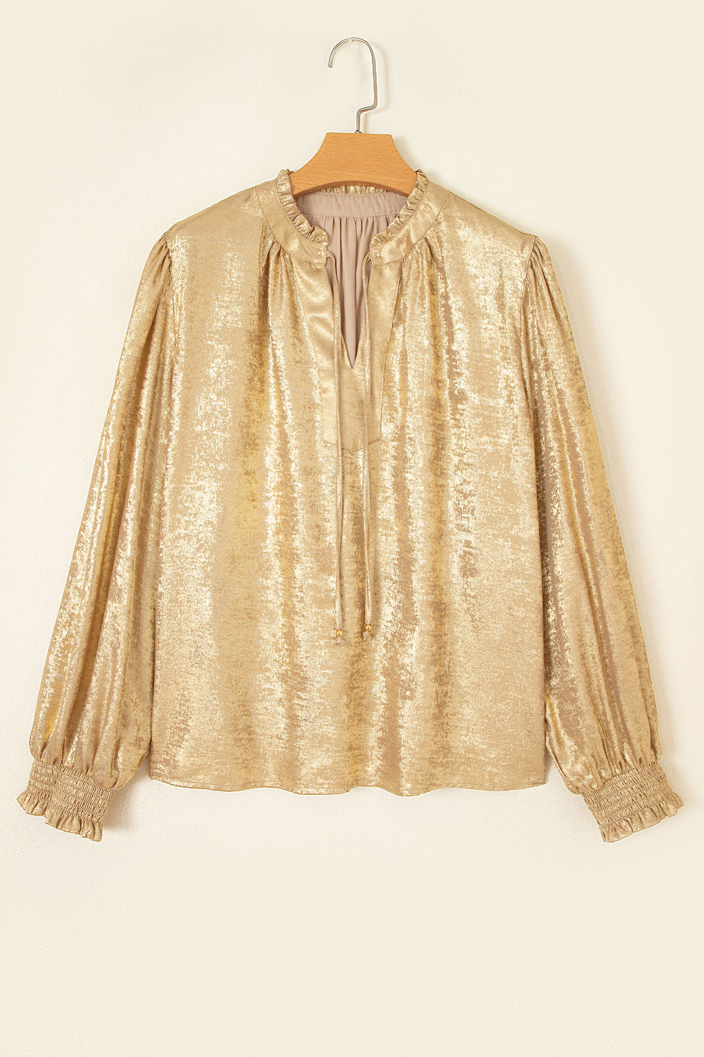 Gold Metallic Sheen V Neck Gathered Cuff Long Sleeve Blouse