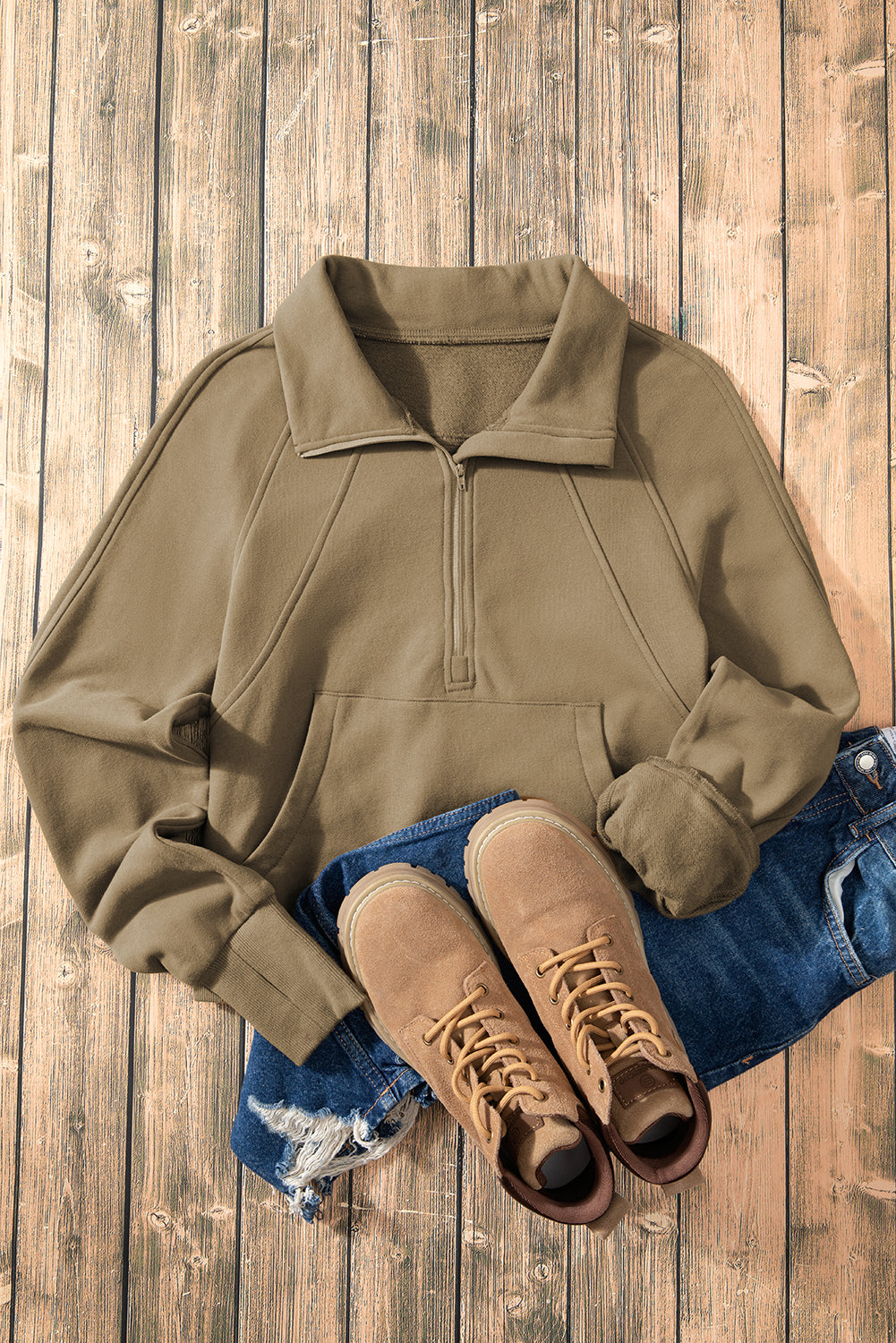 Phalaenopsis Zip Up Stand Collar Ribbed Thumbhole Sleeve Sweatshirt