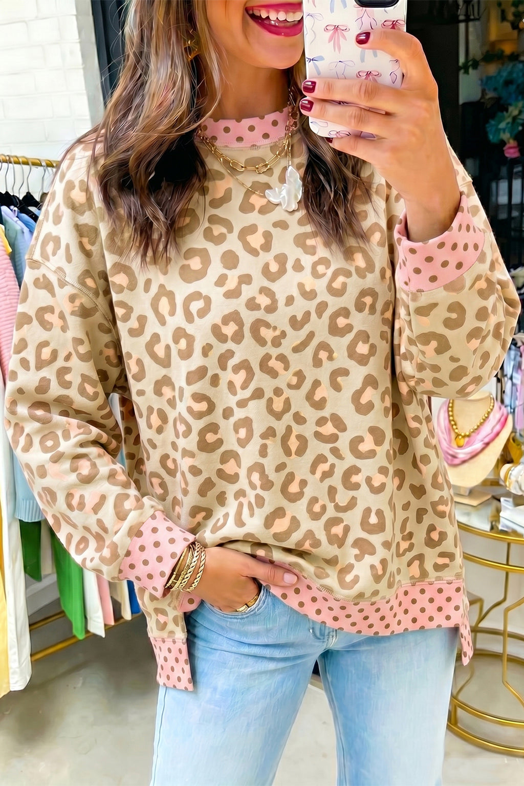Pink Leopard Polka Dot Colorblock Trim Long Sleeve Top