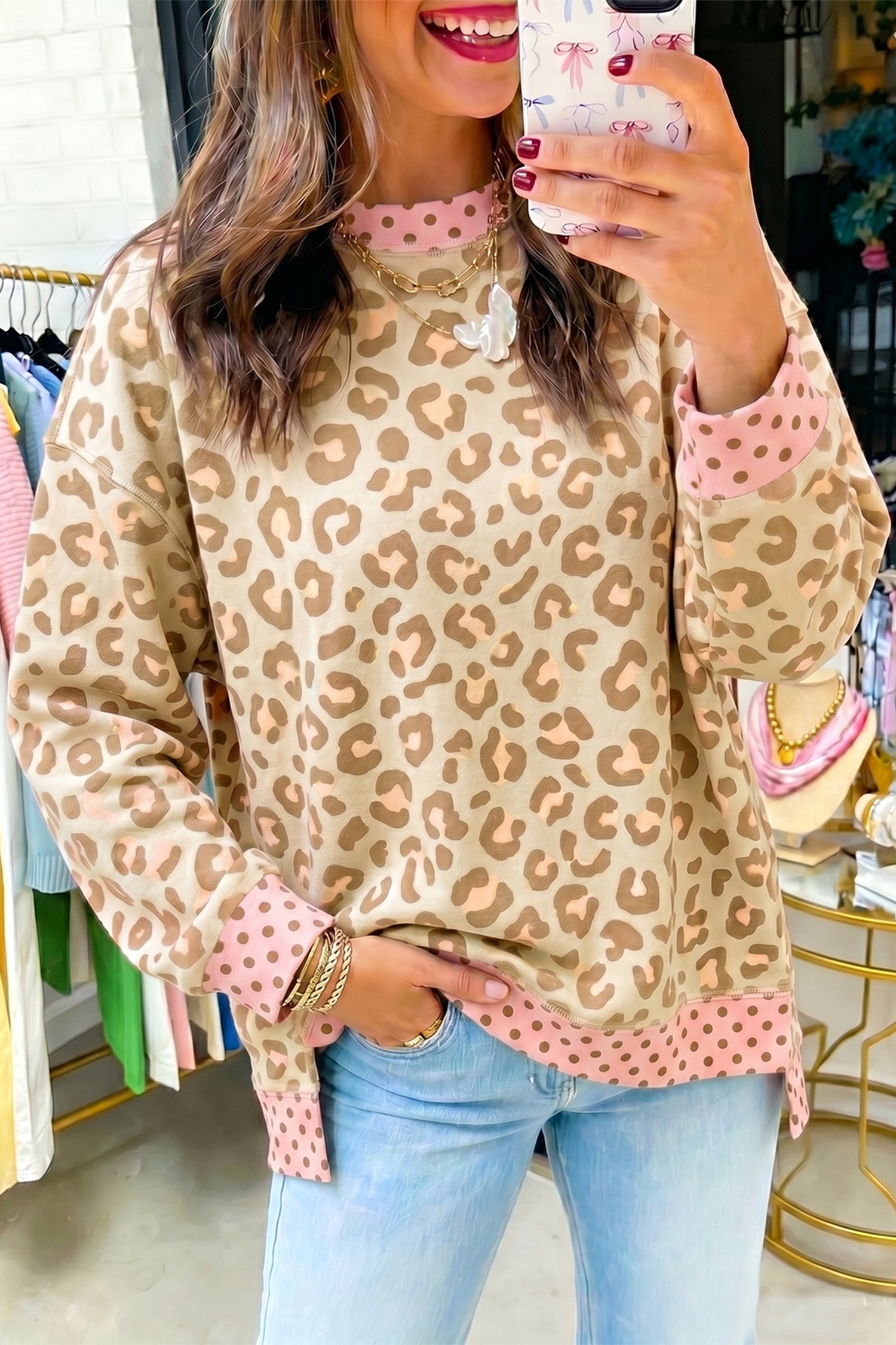Pink Leopard Polka Dot Colorblock Trim Long Sleeve Top