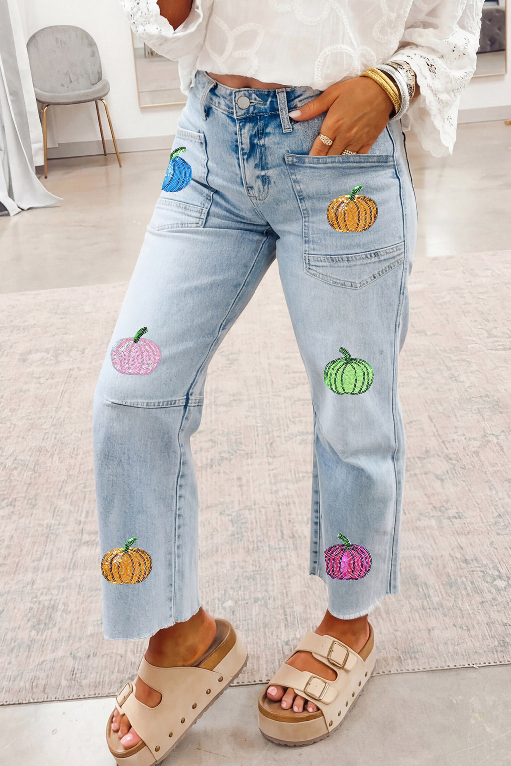 Beau Blue Sequin Pumpkin Patched Graphic Casual Shift Jeans