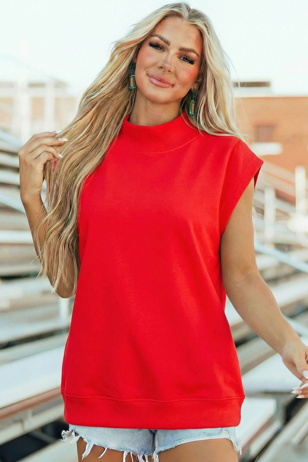 Yellow Solid Color High Neck Cap Sleeve Loose Top