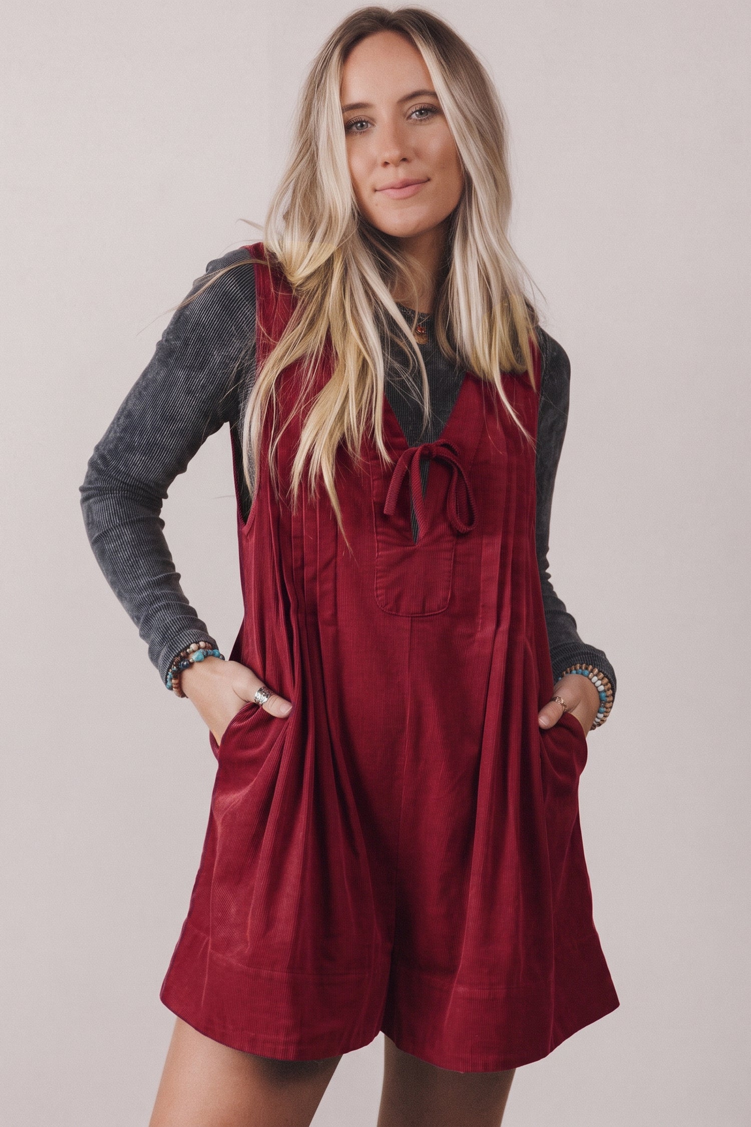 Cinnamon Solid Color Tie V Neck Sleeveless Corduroy Romper