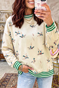 Beige Duck Print Striped Trim Cuffs Round Neck Casual Sweatshirt