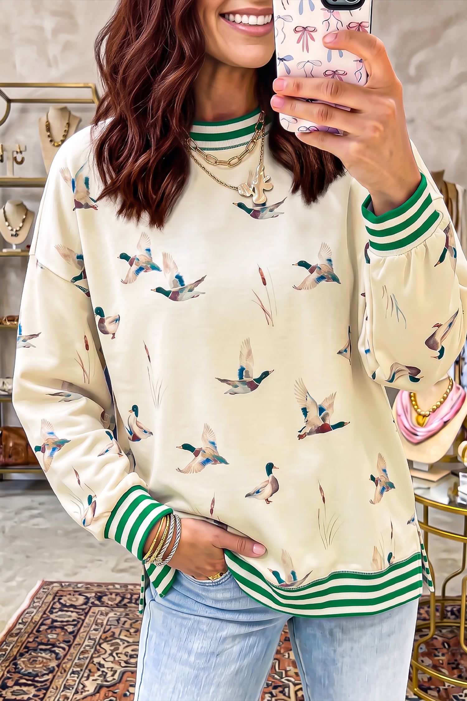 Beige Duck Print Striped Trim Cuffs Round Neck Casual Sweatshirt