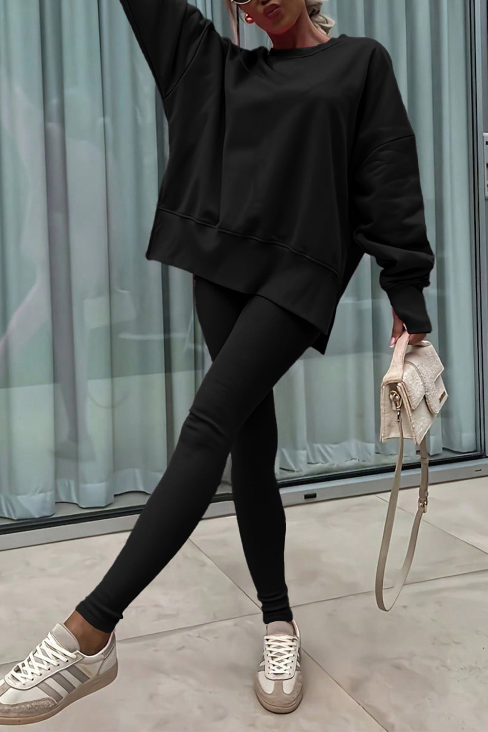 Orchid Mist Solid Color Oversized Slit Sweatshirt Ribbed Leggings Set