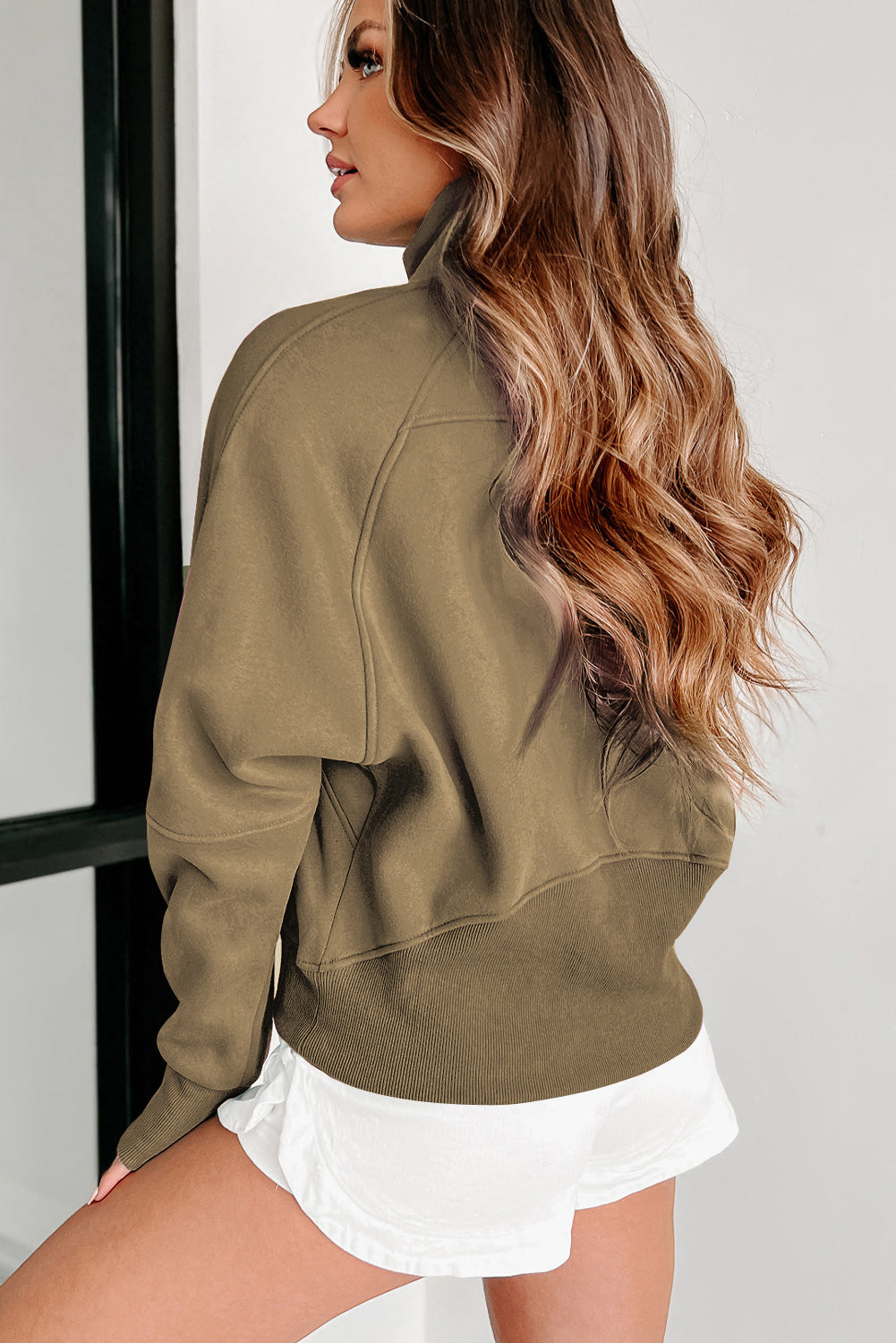 Phalaenopsis Zip Up Stand Collar Ribbed Thumbhole Sleeve Sweatshirt