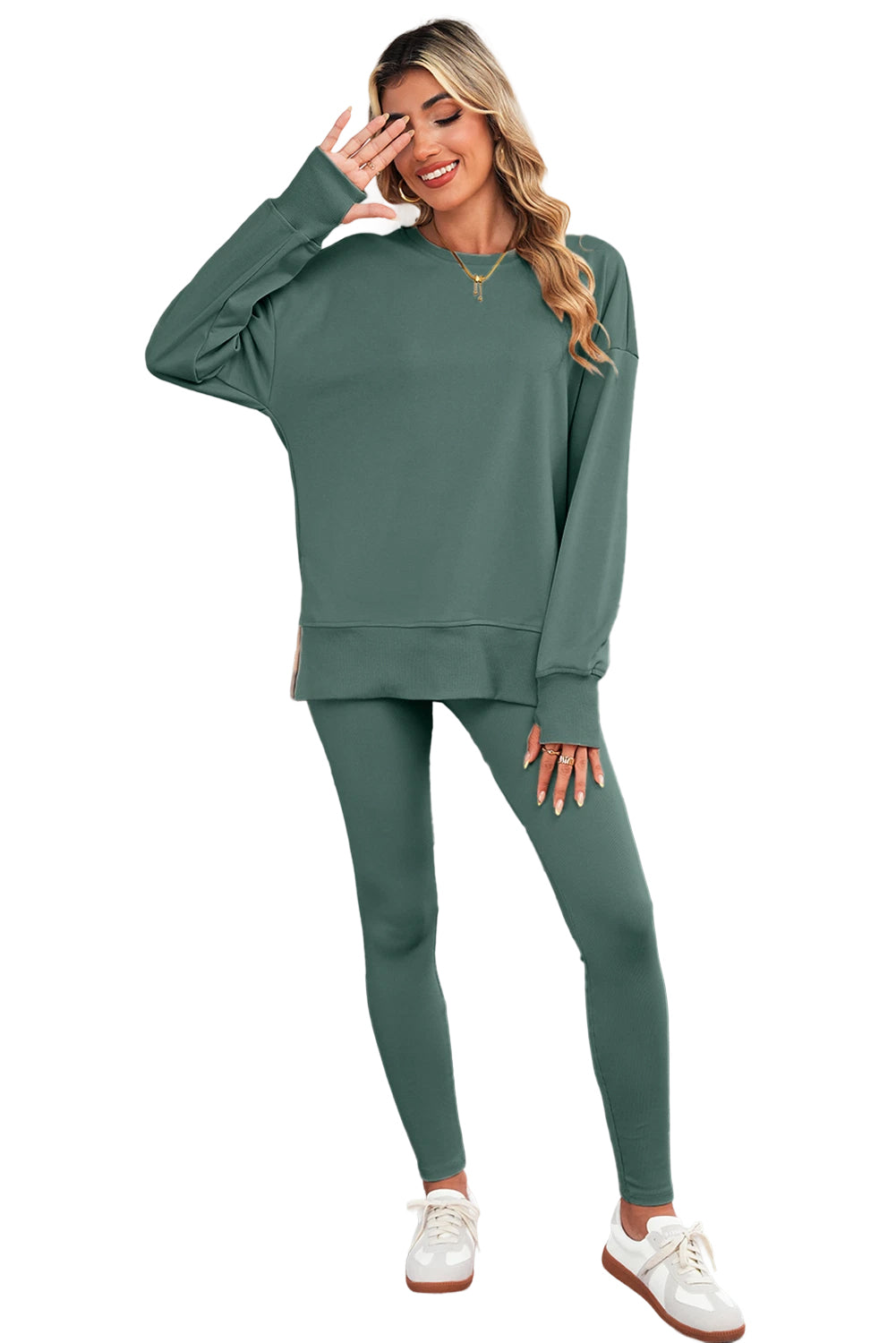 Orchid Mist Solid Color Oversized Slit Sweatshirt Ribbed Leggings Set