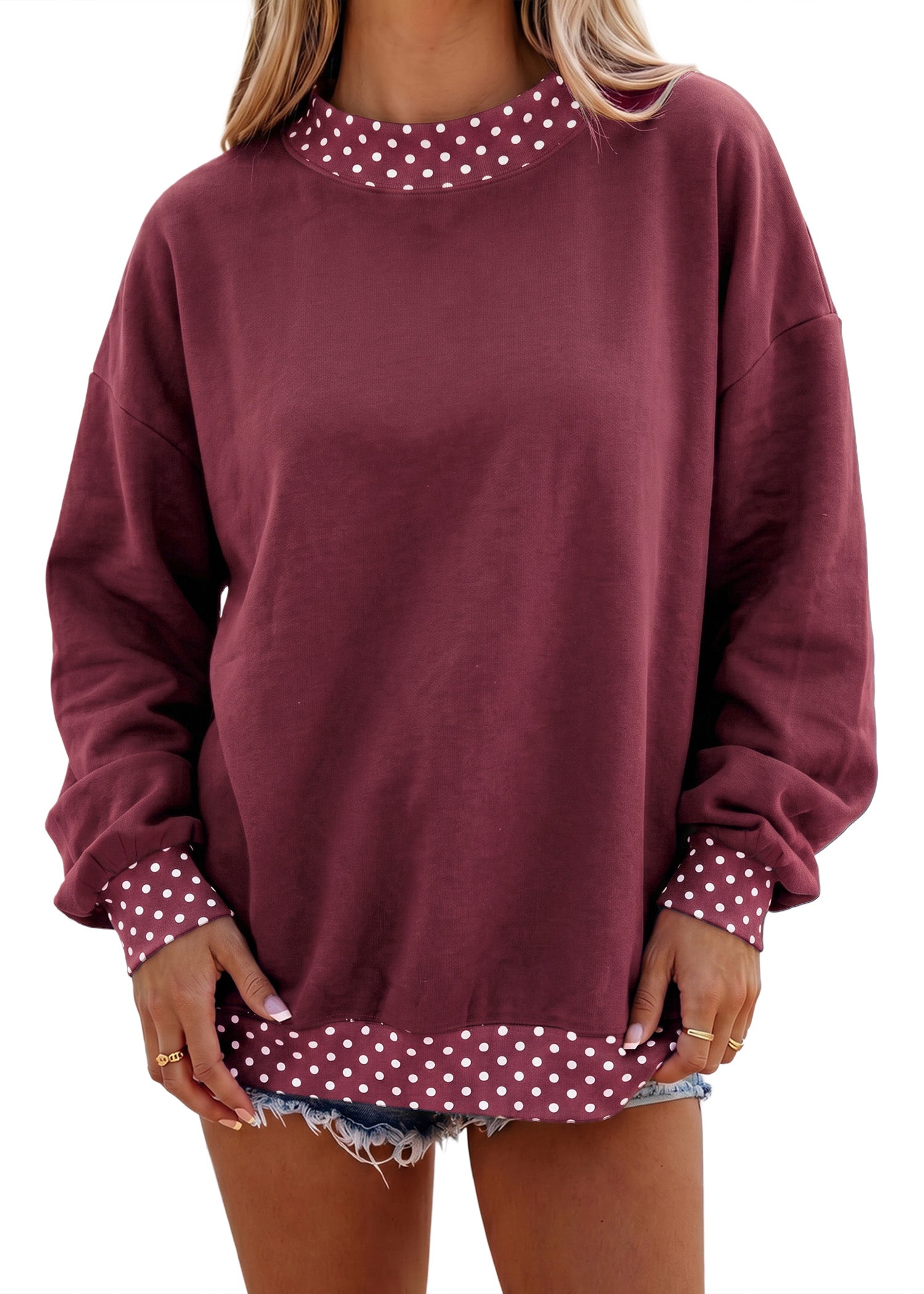 Red Colorblock Polka Dot Contrast Trim Oversized Sweatshirt