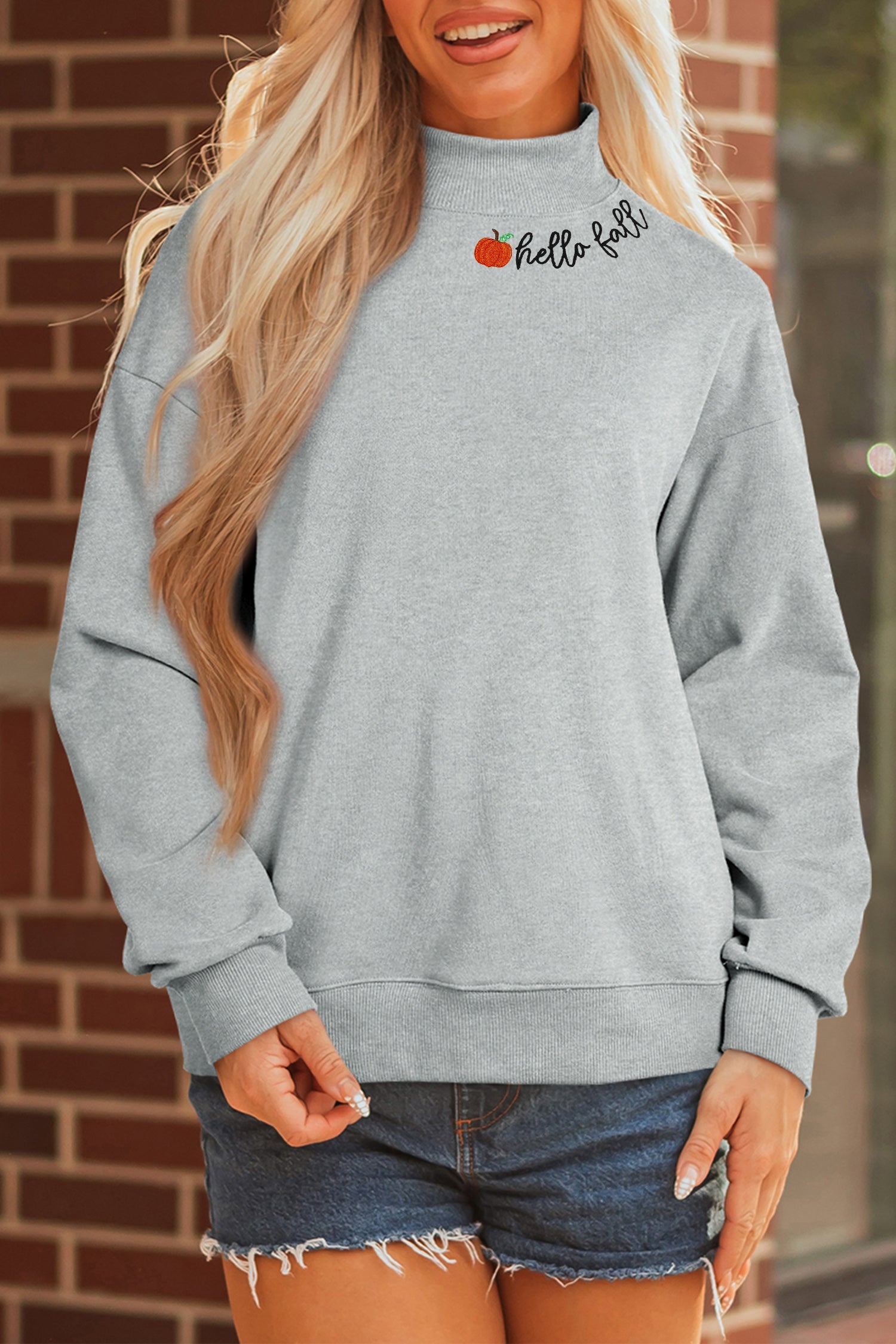 Gray hello fall Embroidered Pumpkin Detail Mock Neck Sweatshirt