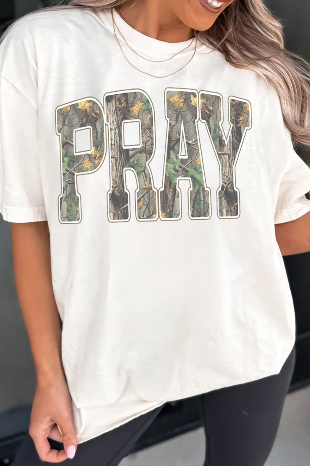 White PRAY Camo Letter Print Casual Round Neck T Shirt