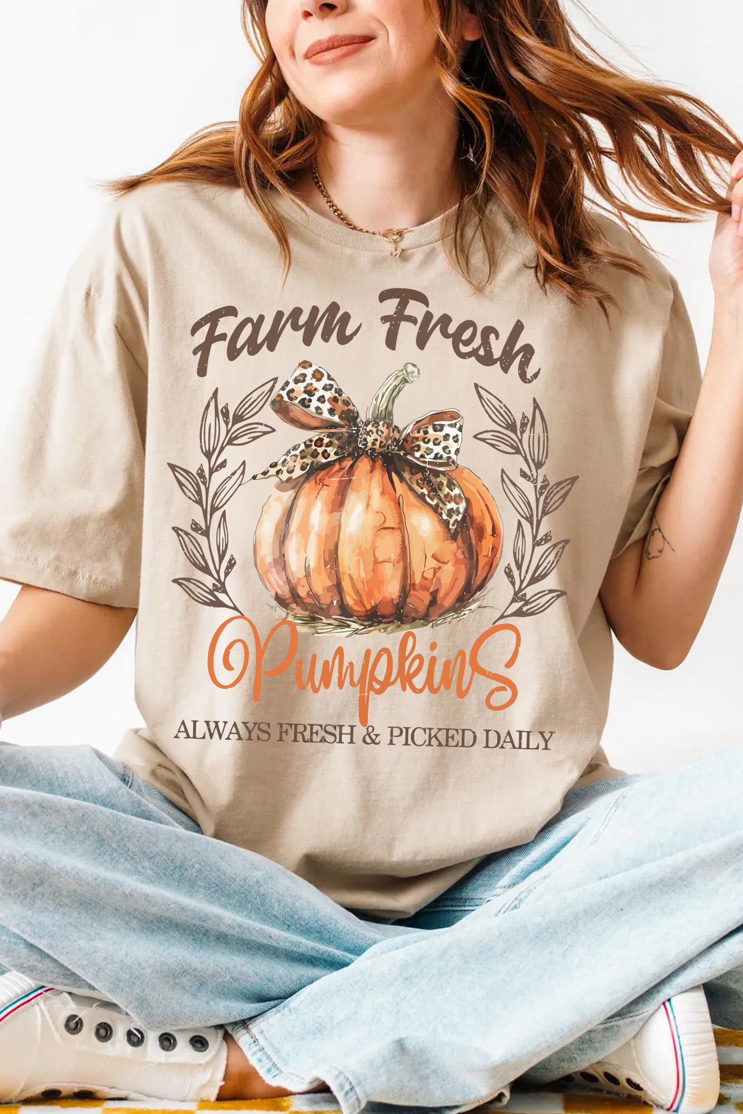 Khaki Farm Fresh Pumpkin Slogan Fall Thanksgiving Graphic Tee