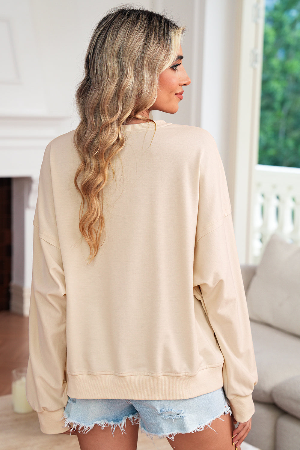 Smoke Green Raw Edge Flower Patch Drop Shoulder Long Sleeve Top