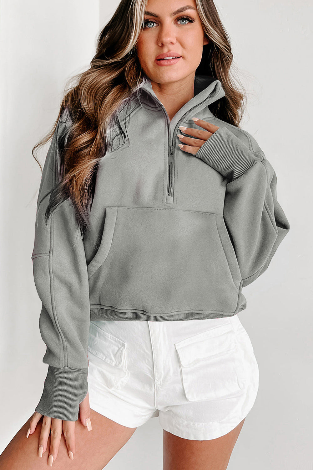 Phalaenopsis Zip Up Stand Collar Ribbed Thumbhole Sleeve Sweatshirt