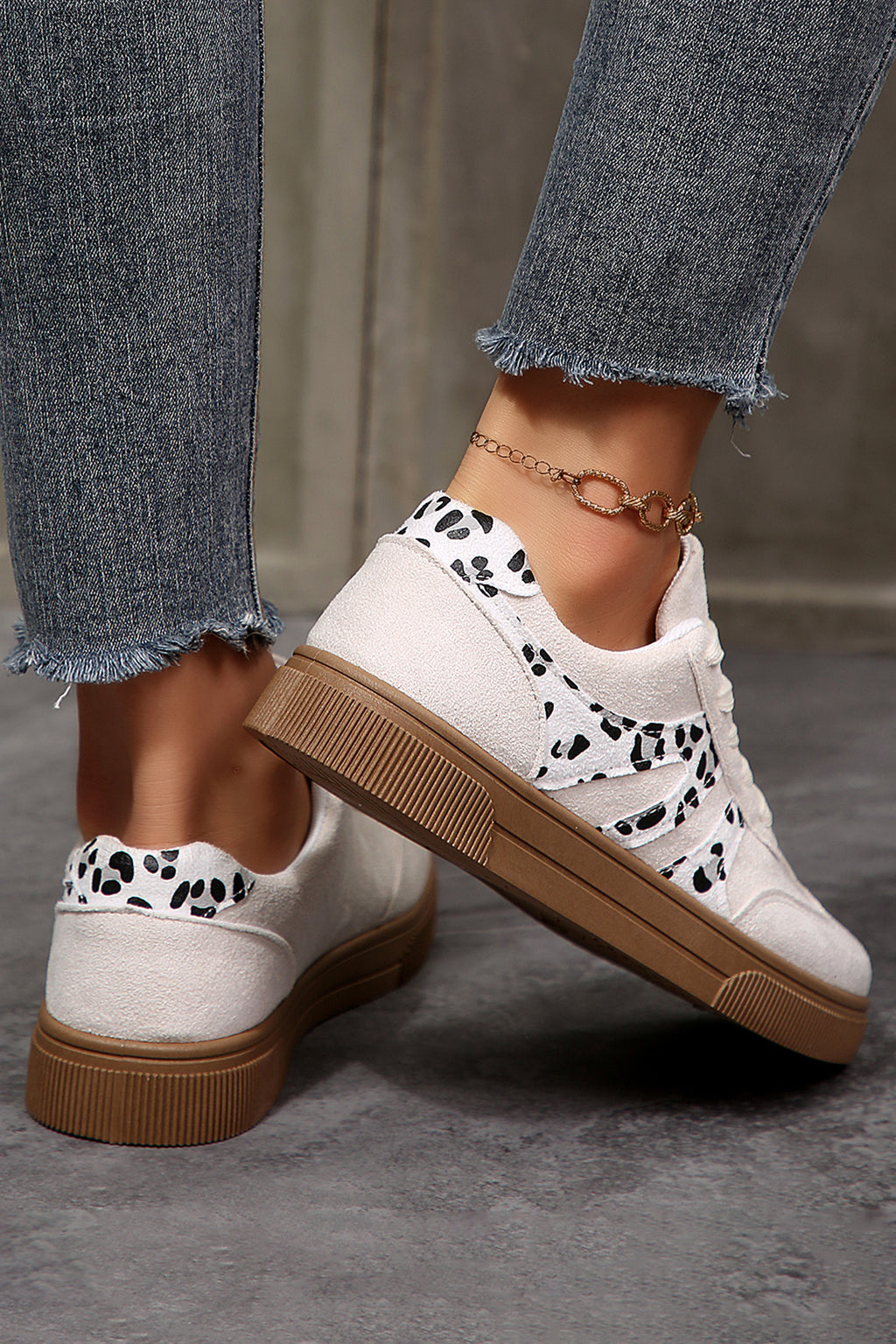 White Suede Leopard Color Block Trim Lace-up Casual Shoes