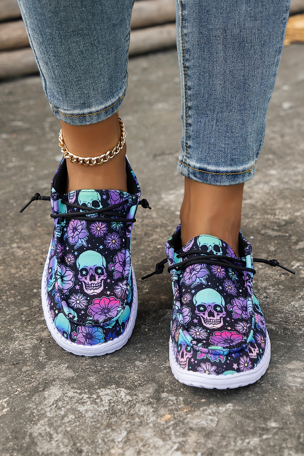 Black Sugar Skull Print Lace-up Detail Halloween Flat Shoes