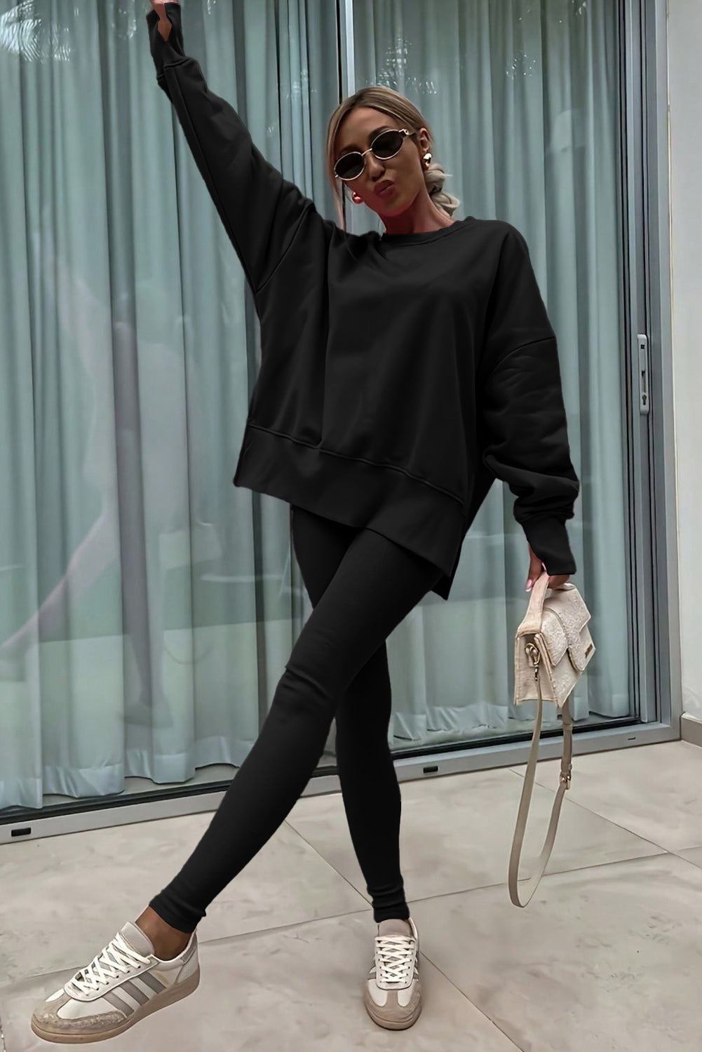 Orchid Mist Solid Color Oversized Slit Sweatshirt Ribbed Leggings Set