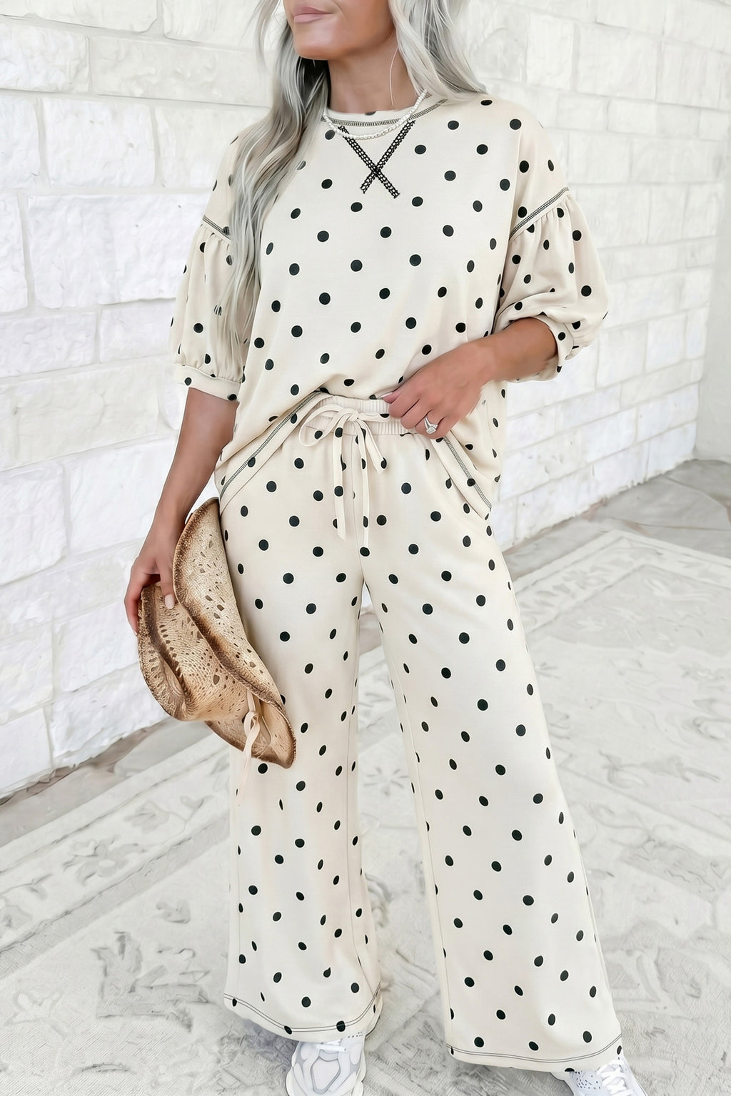 Black Polka Dot Half Sleeve Loose Top Elastic Waist Casual Pants Set