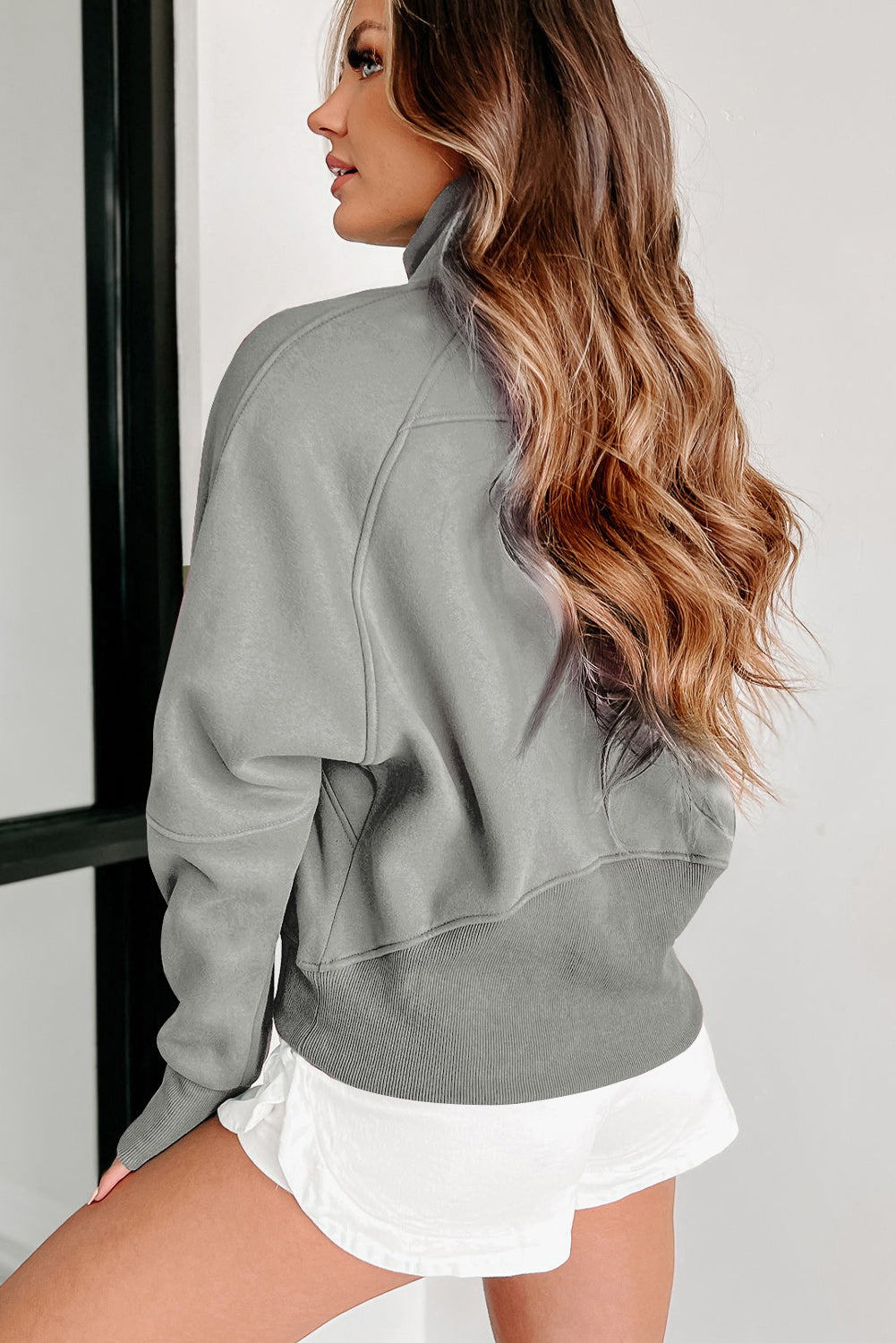 Phalaenopsis Zip Up Stand Collar Ribbed Thumbhole Sleeve Sweatshirt