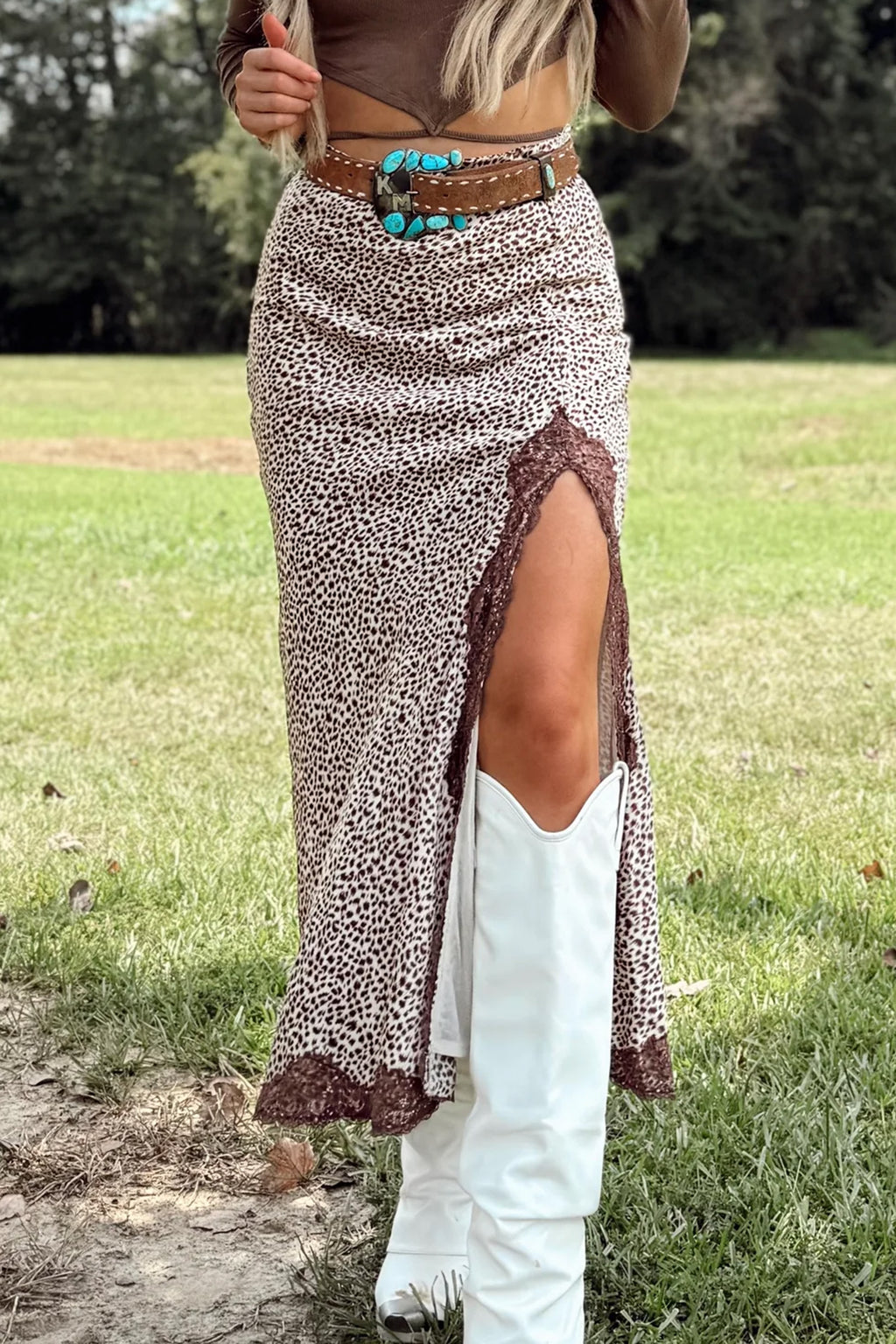 Multicolour Cheetah Print Trim Split Long Western Skirt