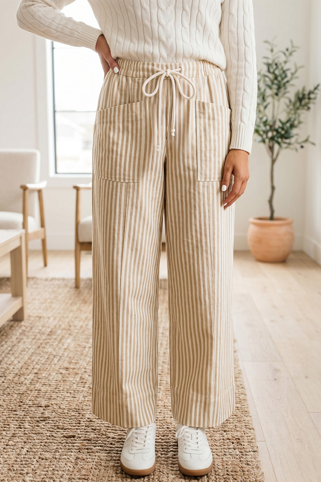Apricot Stripe Ribbon Drawstring Waist Full-Length Shift Pant