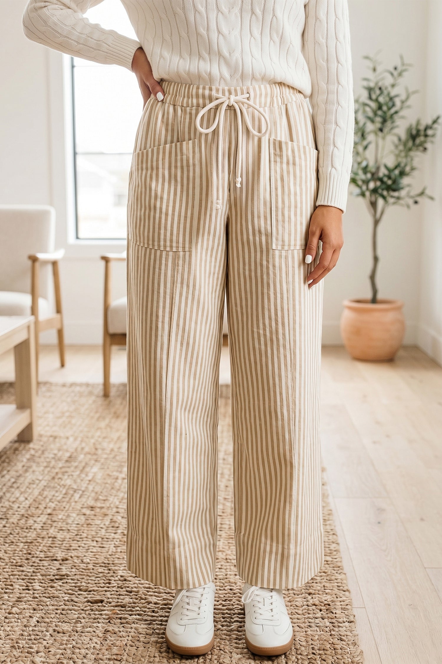 Apricot Stripe Ribbon Drawstring Waist Full-Length Shift Pant