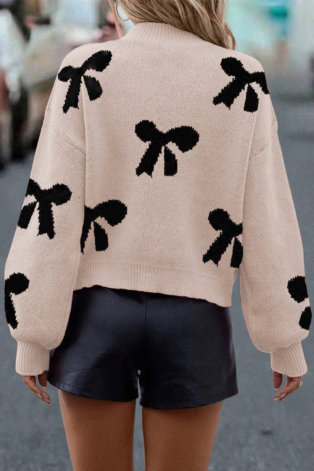 Blackish Green Pearl Embellished Bow Pattern Loose Sweater