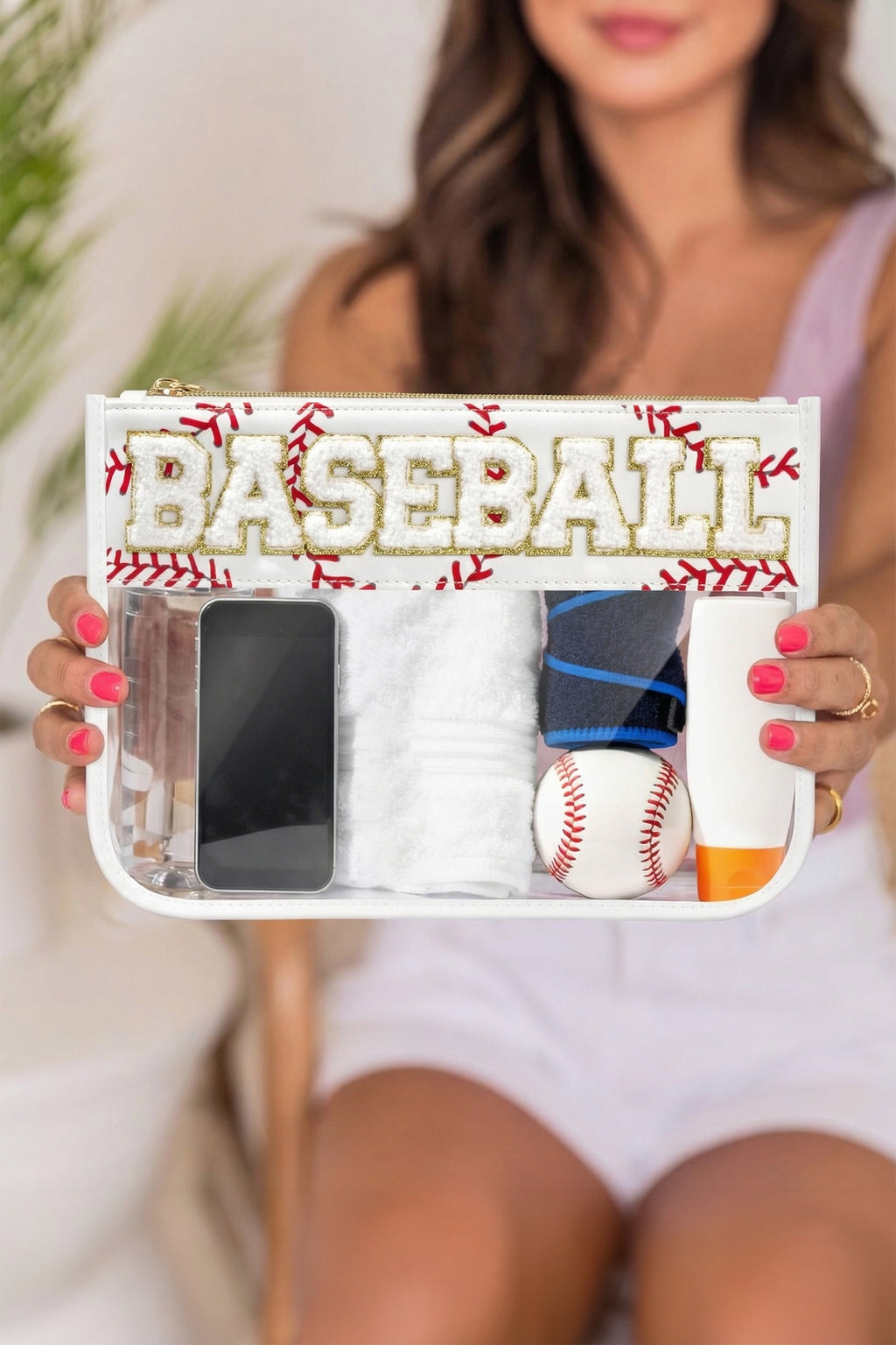 Brown BASEBALL  Chenille Letter Patch Game Day Stadium Clear PVC Cosmetic Bag