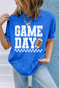 Dark Blue GAME DAY Checkered Print Rugby Graphic T Shirt