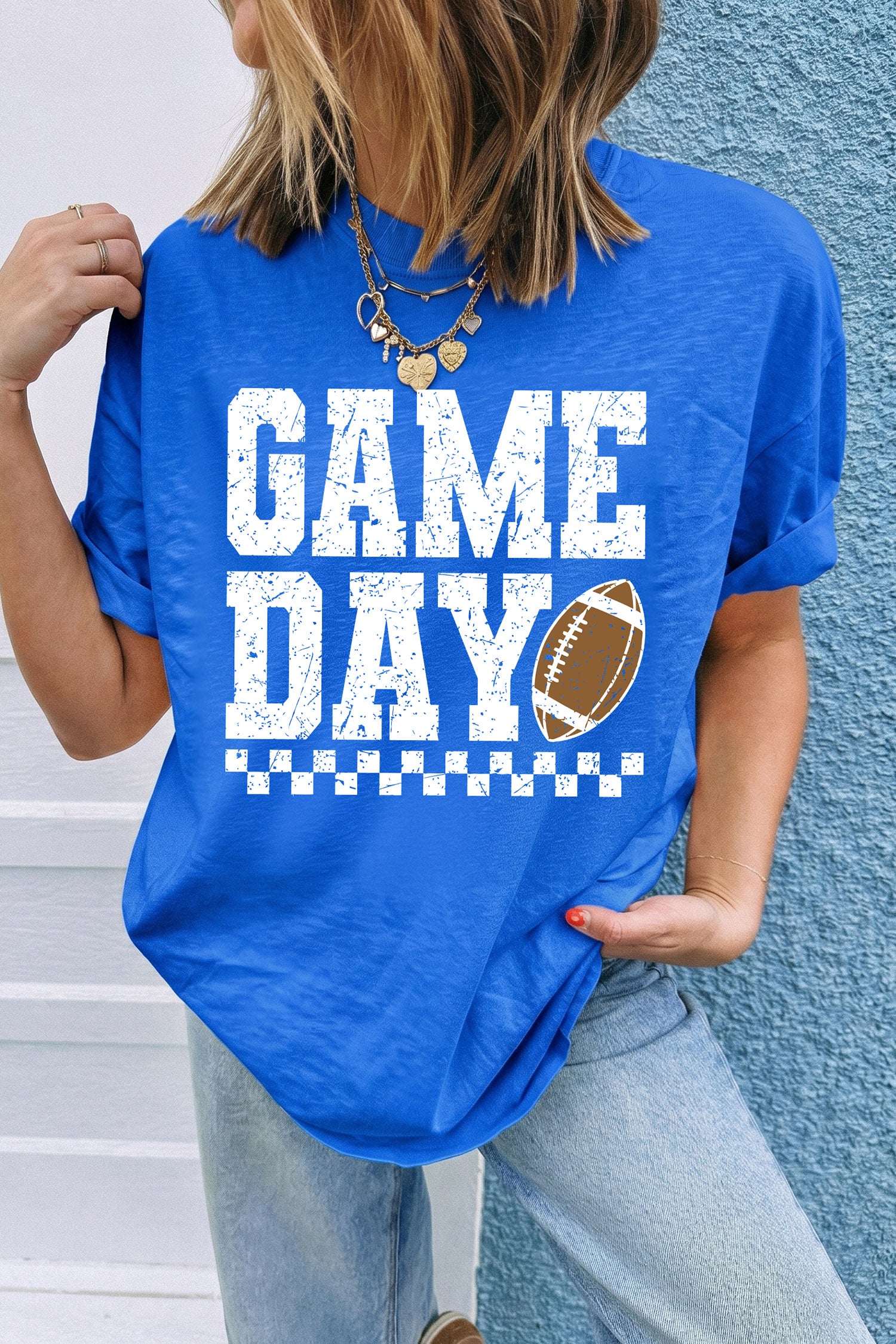 Dark Blue GAME DAY Checkered Print Rugby Graphic T Shirt