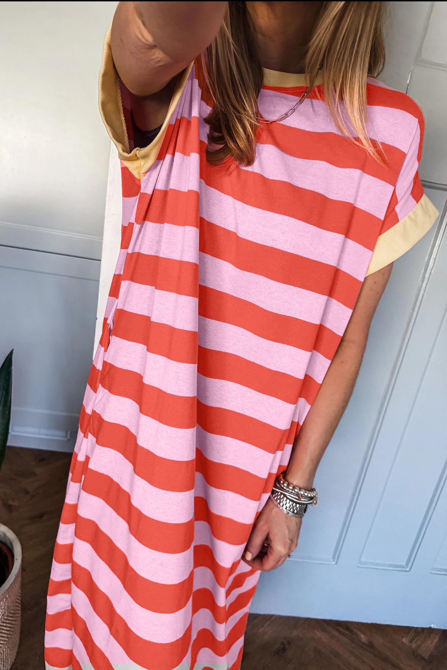 Orange Stripe Cuffed Short Sleeve Pocketed Casual T Shirt Long Dress