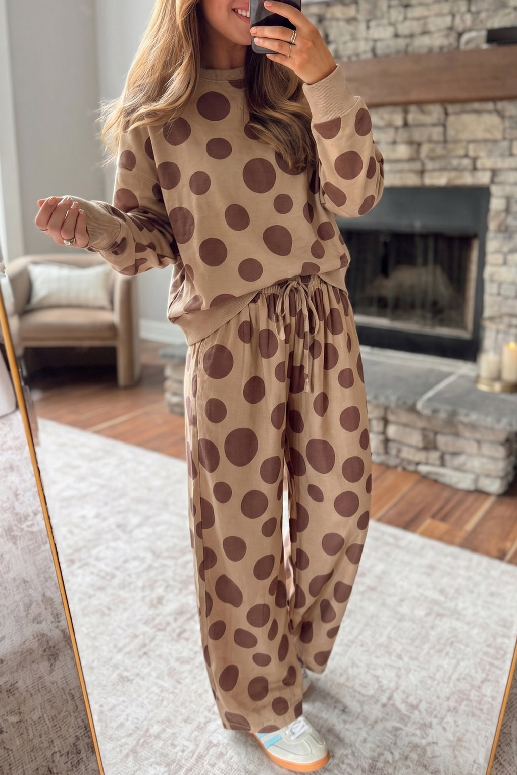 Khaki Polka Dot Long Sleeve Top Drawstring Relaxed Pants Set