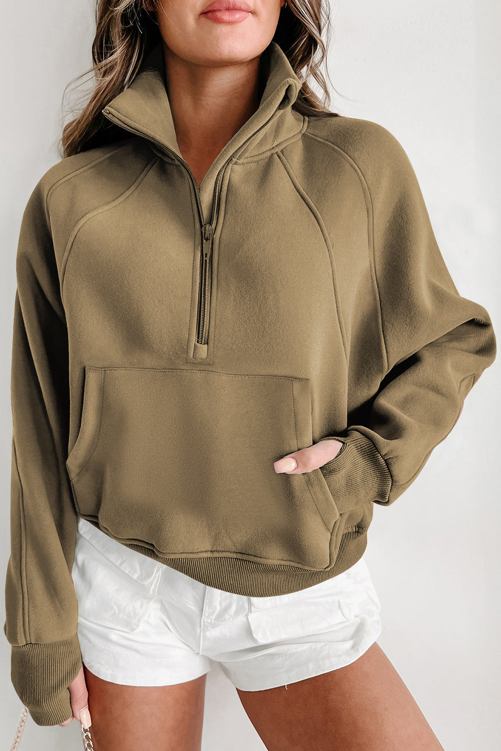 Phalaenopsis Zip Up Stand Collar Ribbed Thumbhole Sleeve Sweatshirt