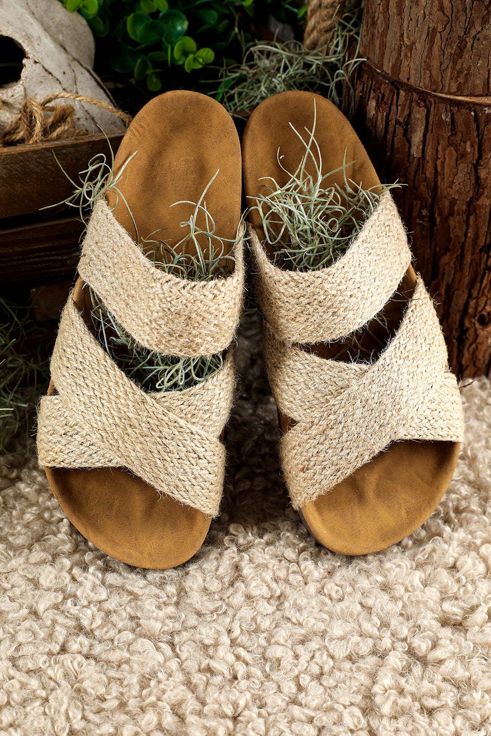 Beige Woven Criss Cross Strap Platform Slides Shoes