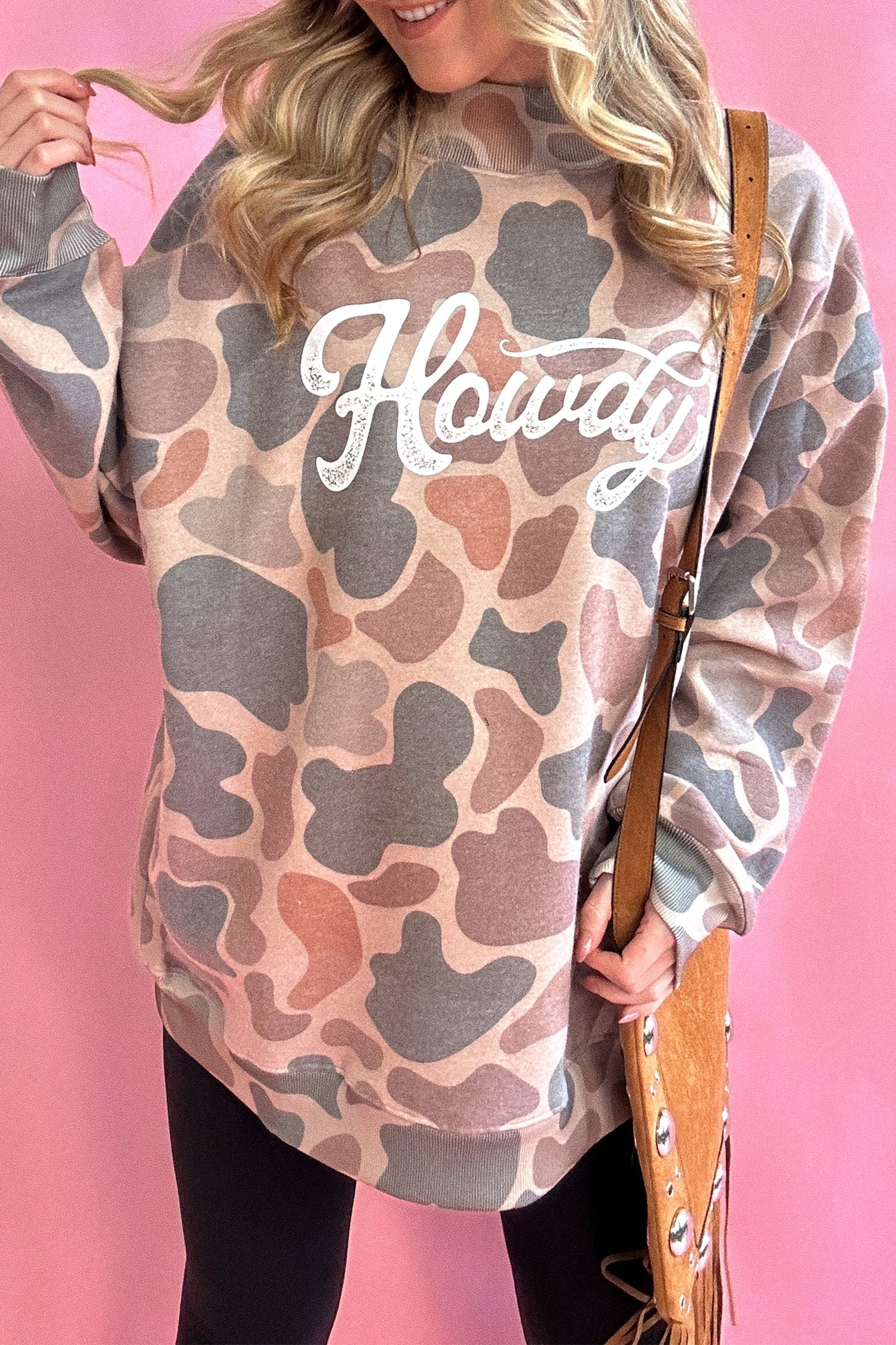 Multicolour Camo Print Howdy Western Style Baggy Pullover Sweatshirt