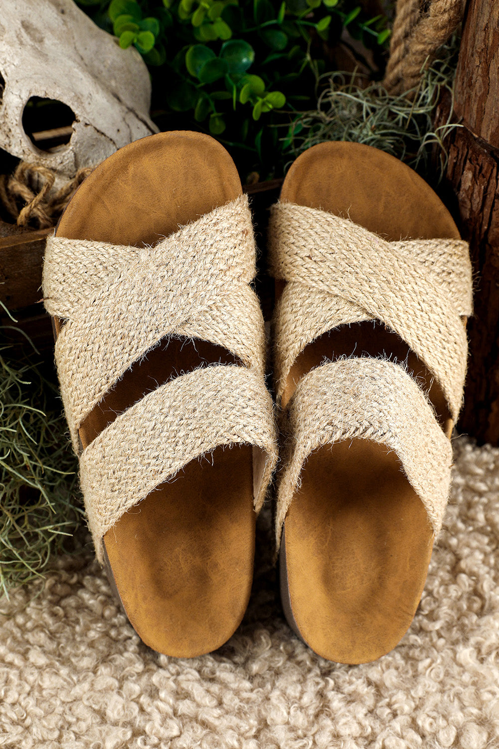 Beige Woven Criss Cross Strap Platform Slides Shoes