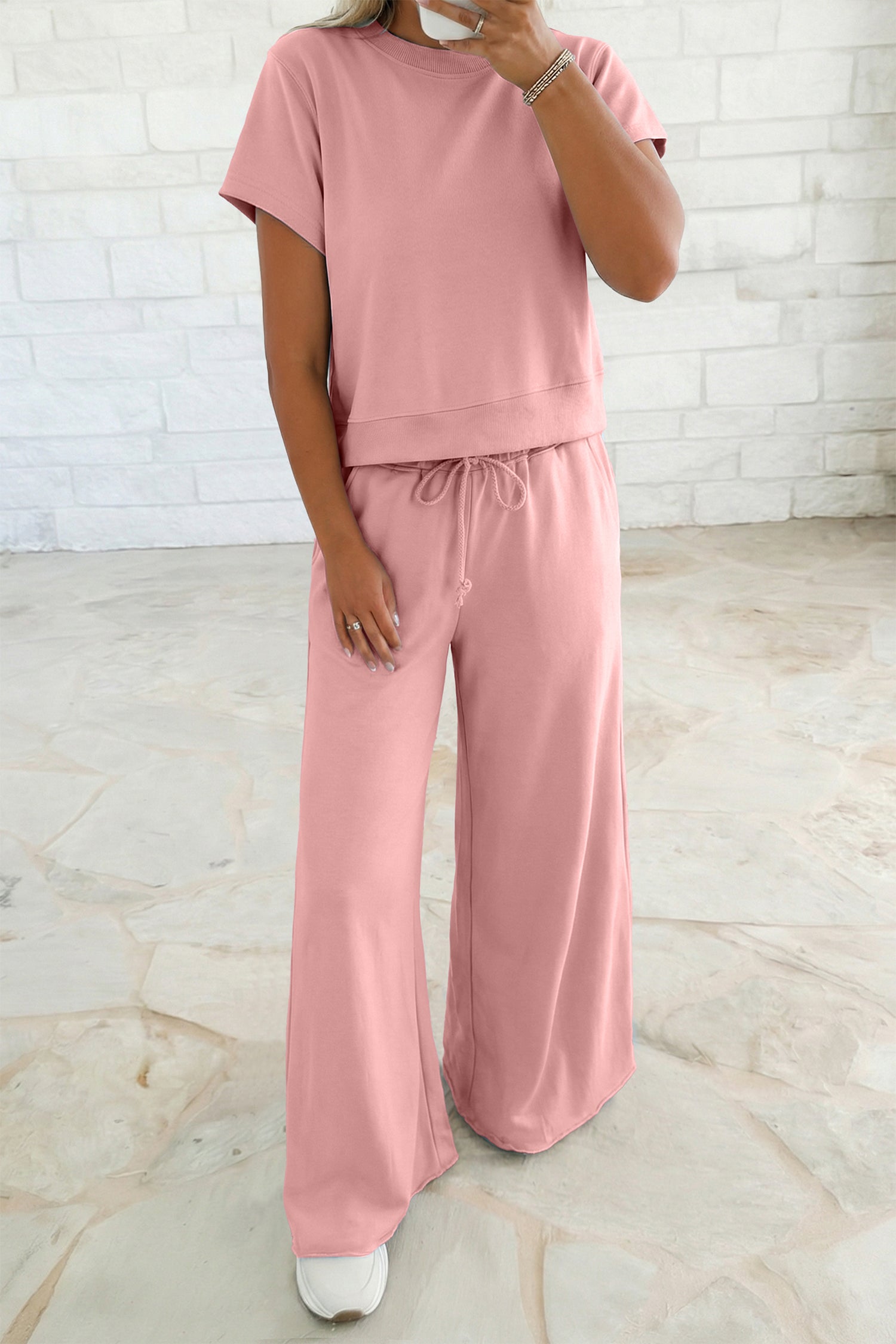 Clearly Aqua Solid Color Loose Tee Drawstring Wide Leg Pants 2pcs Outfit
