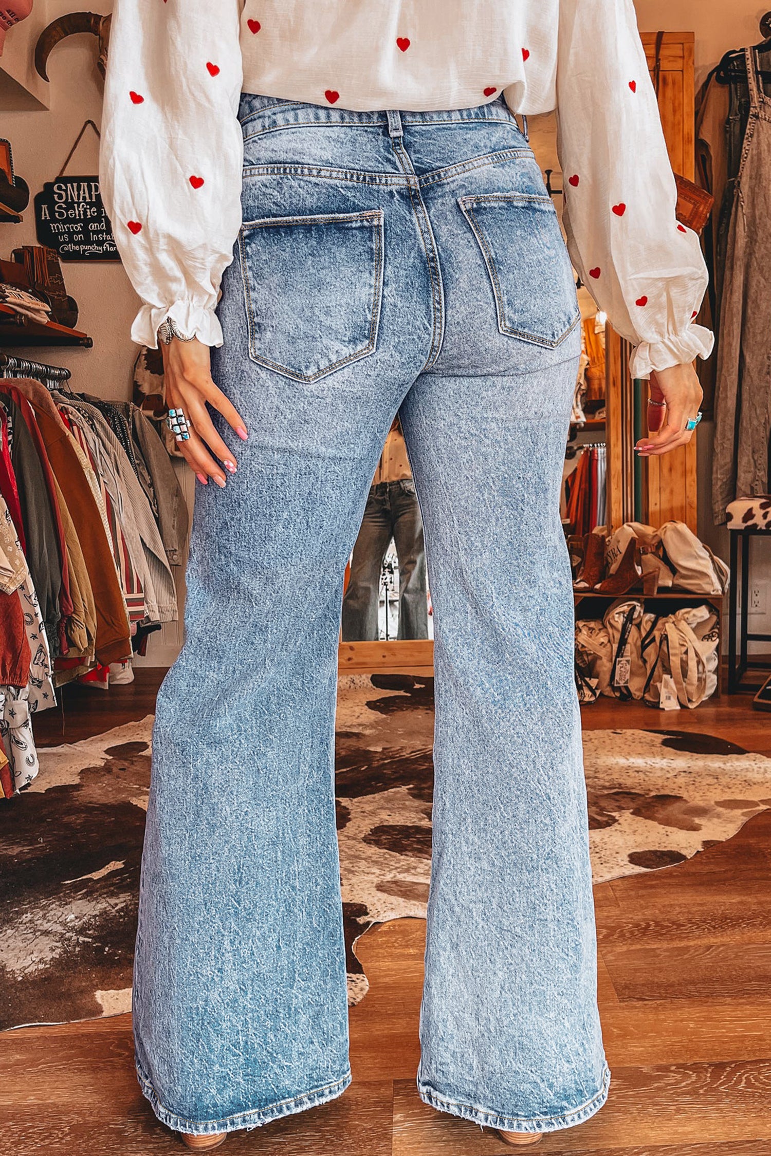 Sail Blue Acid Wash Pocket Detail Flare Jeans