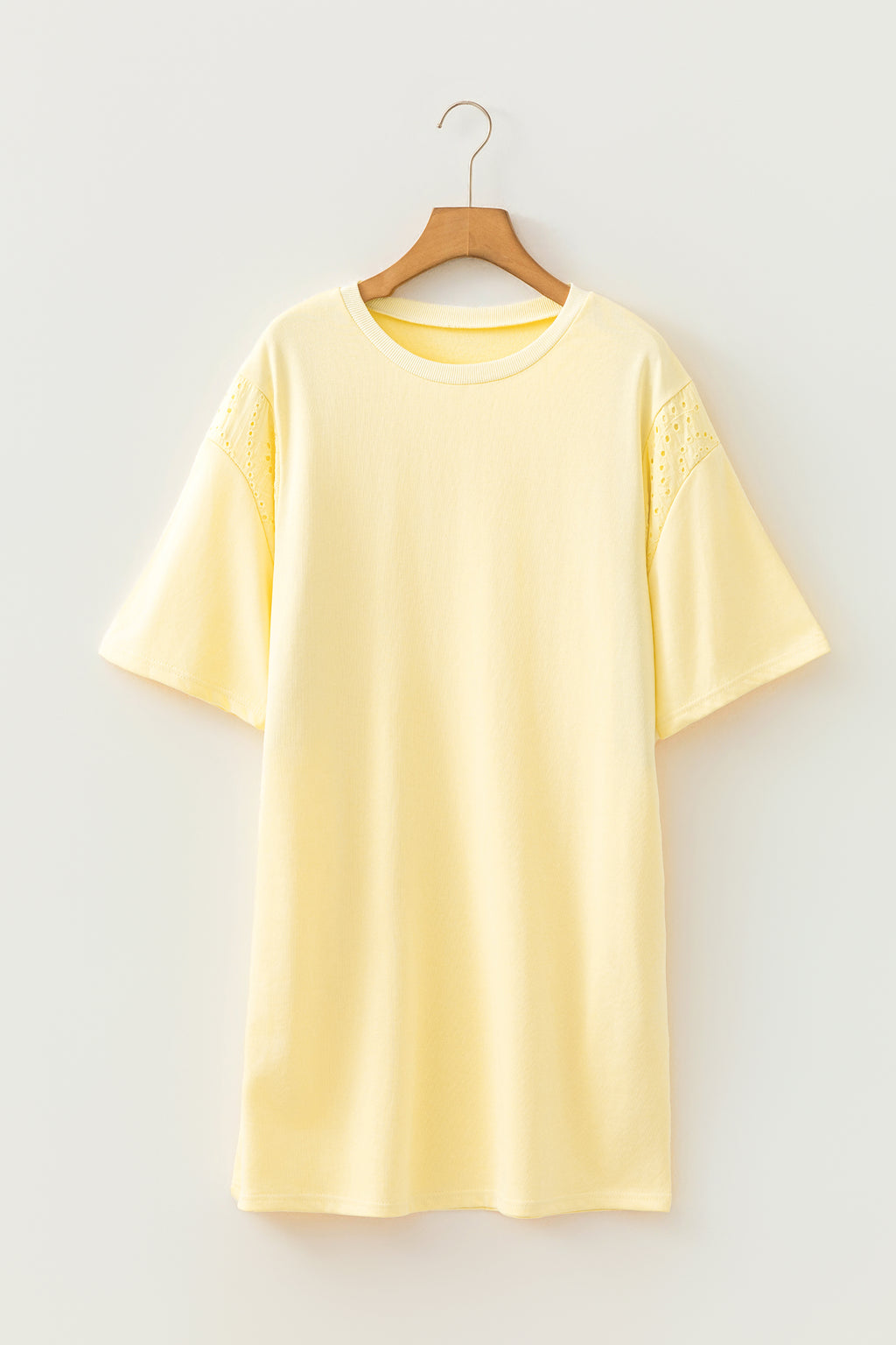 Yellow Cream Eyelet Embroidered Lace Splicing Sleeve Loose T Shirt Dress