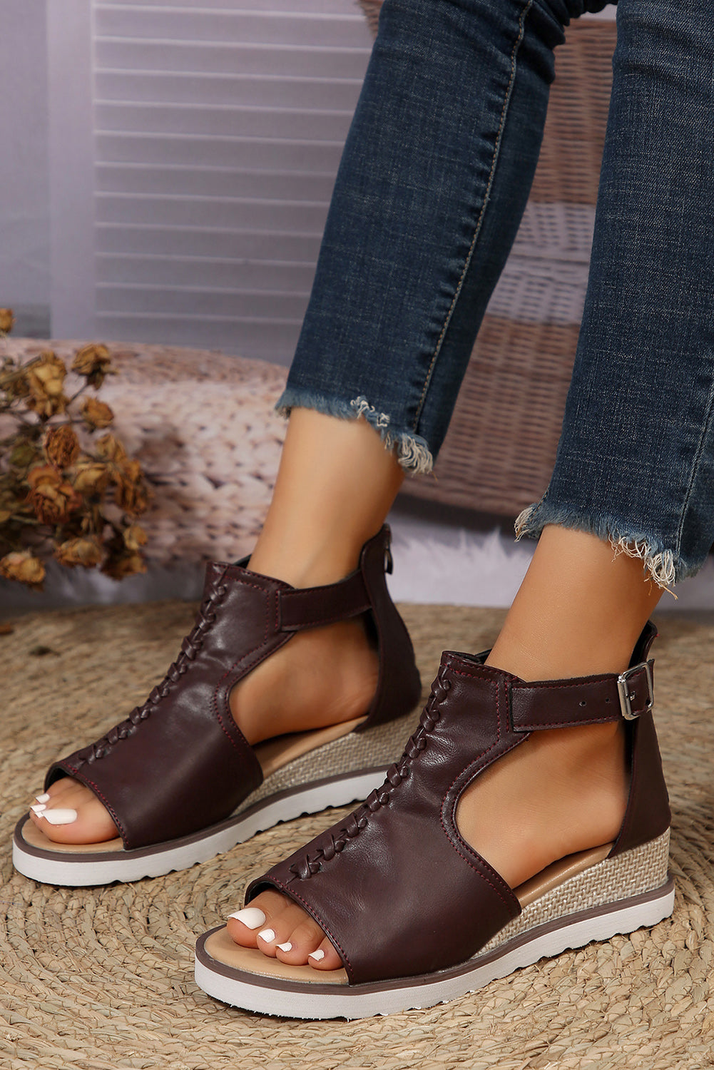 PU Cutout Buckle Strap Platform Slides Shoes